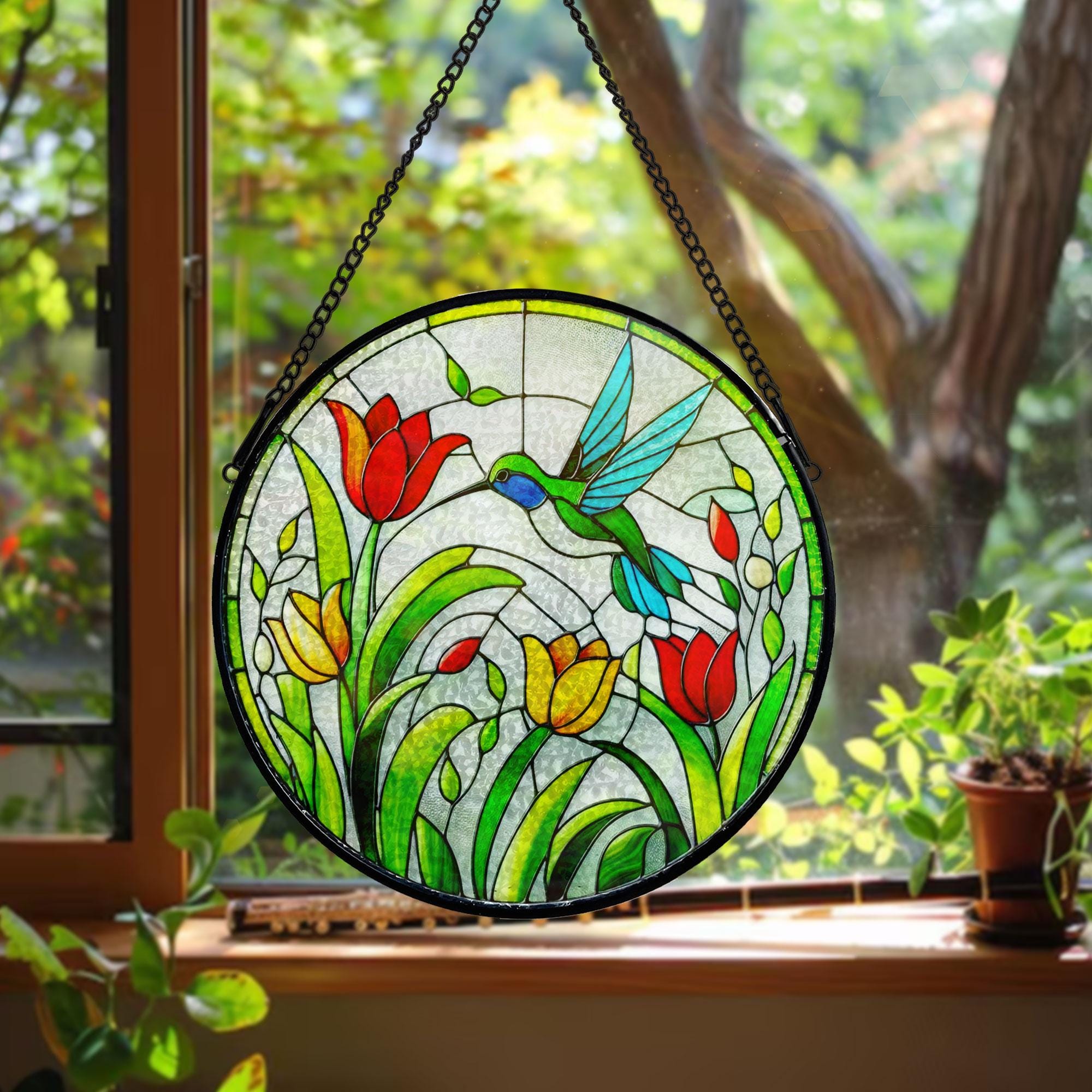 Hummingbird and Tulips Stained Glass Suncatcher, Elegant Window Hanging, Flower Lover Gift, Gift For Mom, Garden Decor, Gift for daughter
