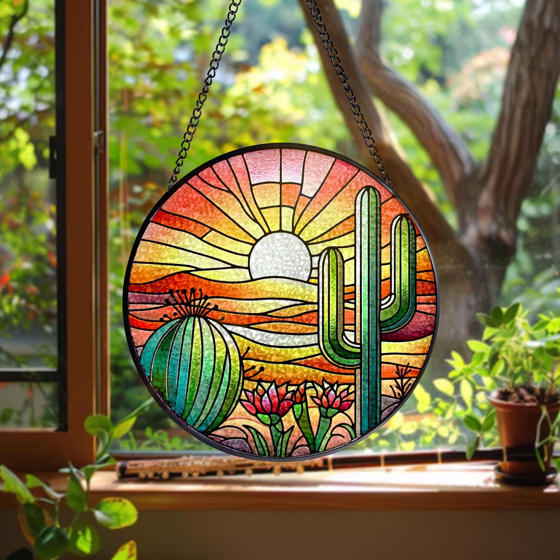 Sunset in Desert With Cactus Succulent Plants Stained Glass Suncatcher - Perfect Gifts for Women, Window Hanging, Indoor Decor, Sun Catcher