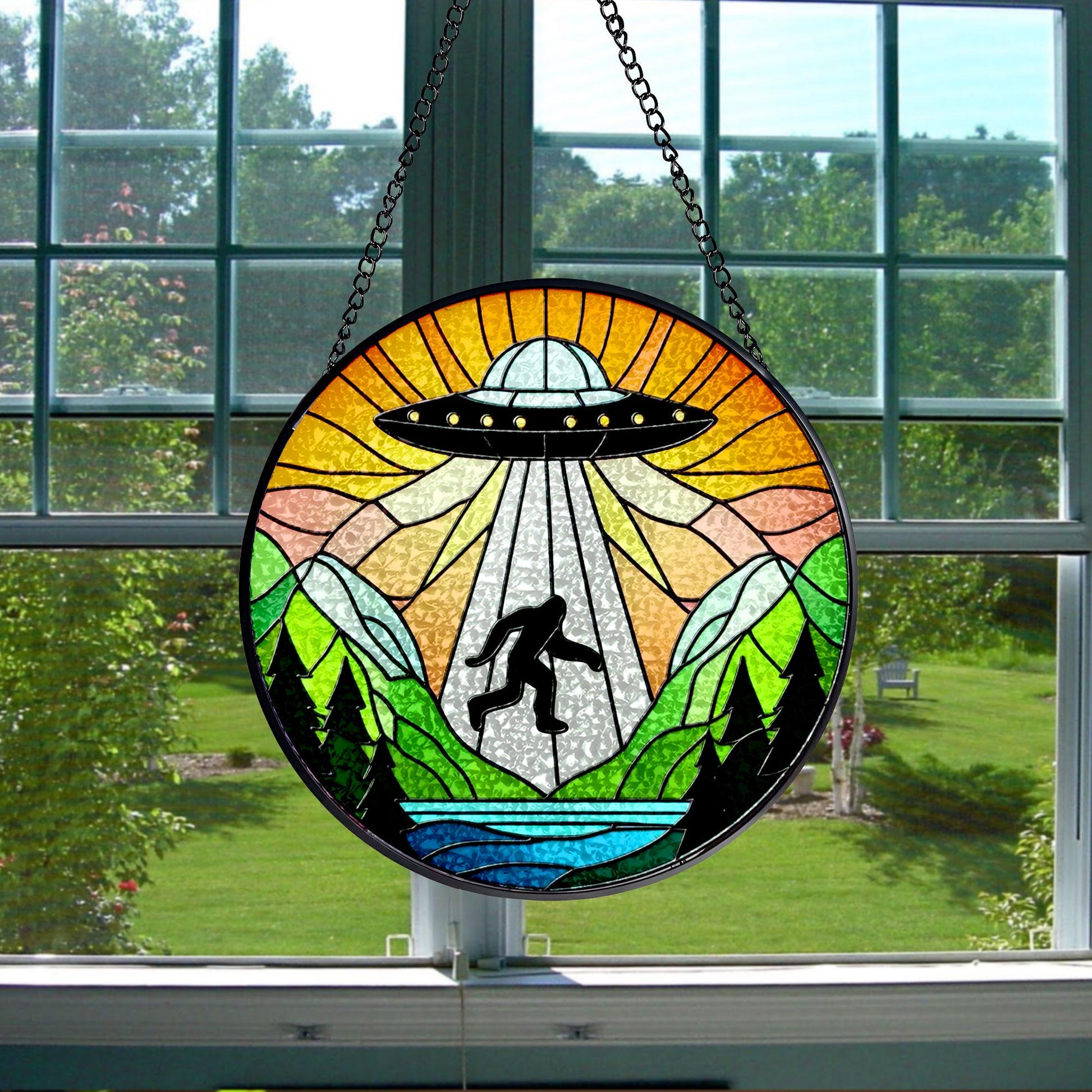 UFO Abduction Bigfoot Mountains Hill Stained Glass Suncatcher - Funny Gifts for Women, Window Hanging, Indoor Decor, Suncatcher, Bigfoot