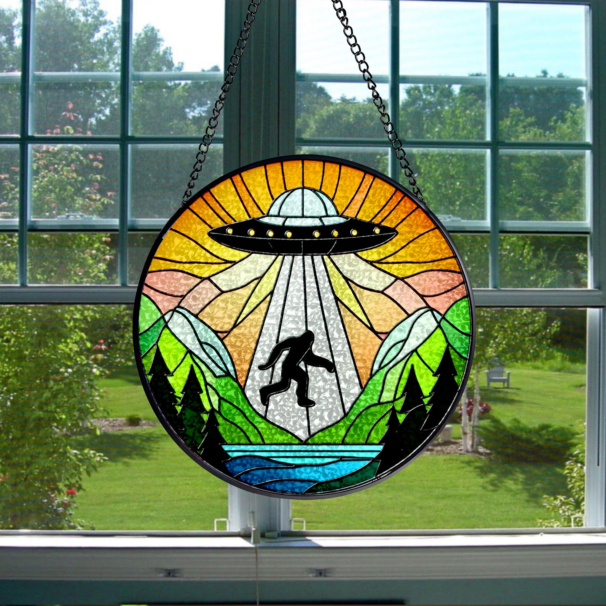 UFO Abduction Bigfoot Mountains Hill Stained Glass Suncatcher - Funny Gifts for Women, Window Hanging, Indoor Decor, Suncatcher, Bigfoot