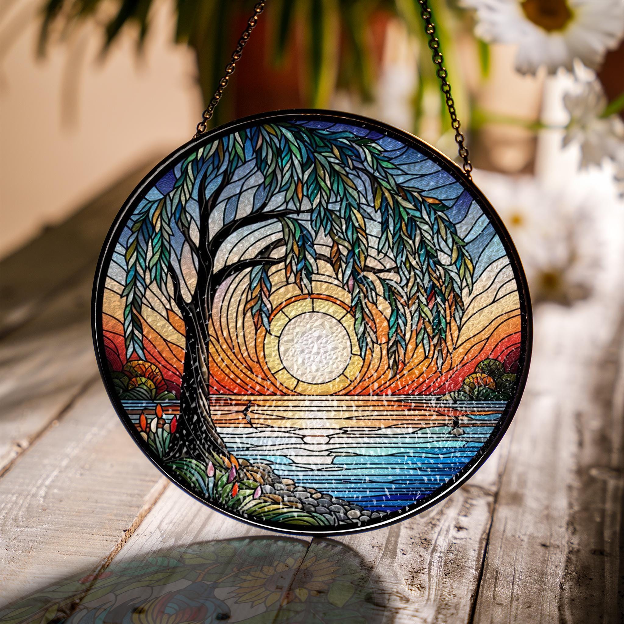 Weeping willow sunset GLASS Hanging, Sunset Suncatcher hanging, weeping willow hanging, Sunset glass, Landscape suncatcher