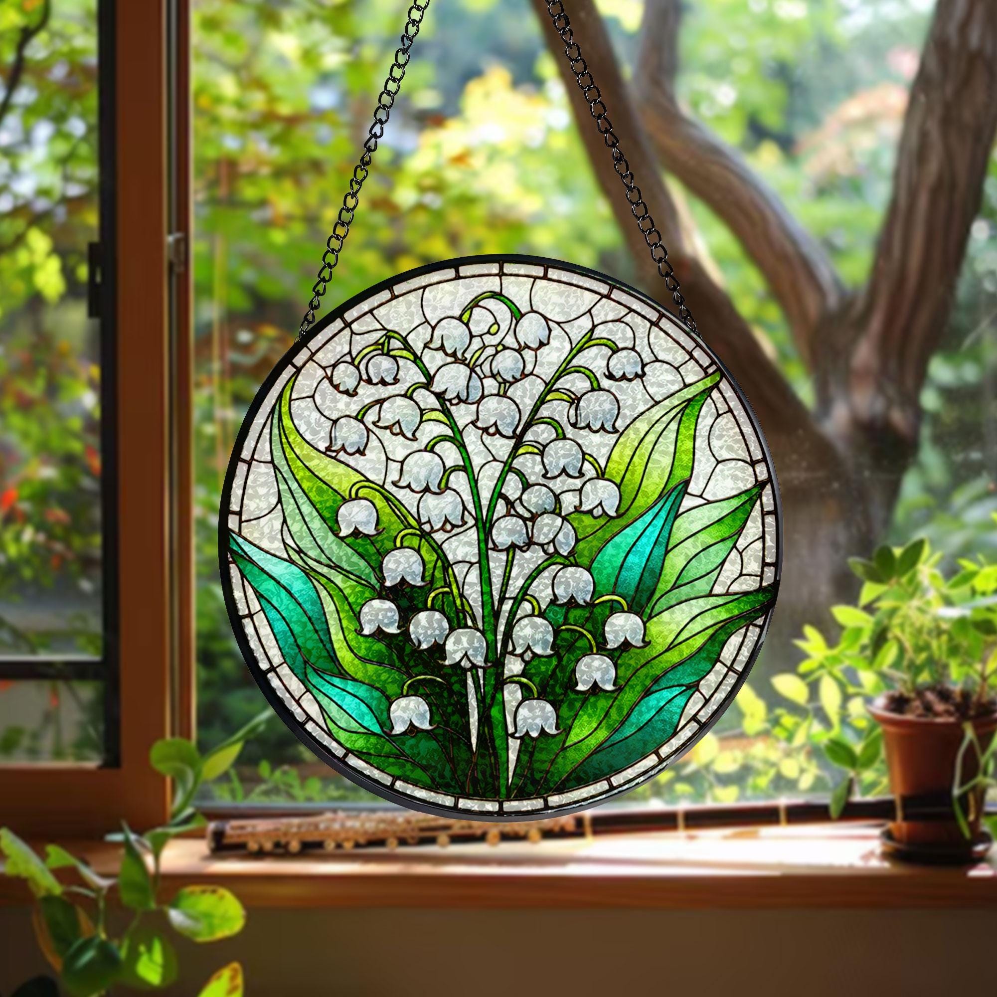 Lily Of Valley Flower Stained Glass Suncatcher -Gift for Women, Sunshine Window Hanging, Indoor Decor, Flowers Window Garden Suncatcher