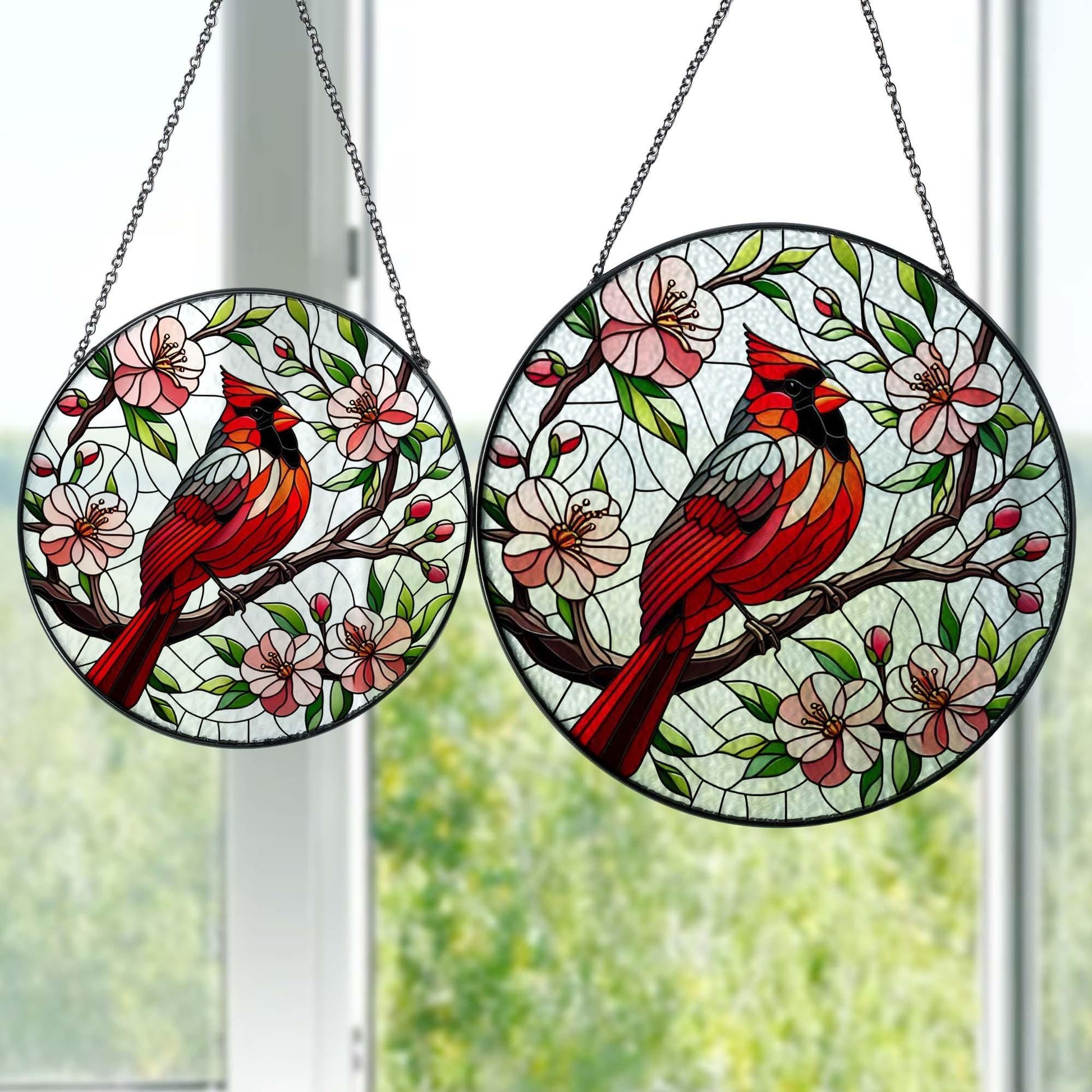 Cardinal on Peach Blossom GLASS Suncatcher Hanging, cardinal lovers, Window hanging, Suncatcher ornament, peach lover