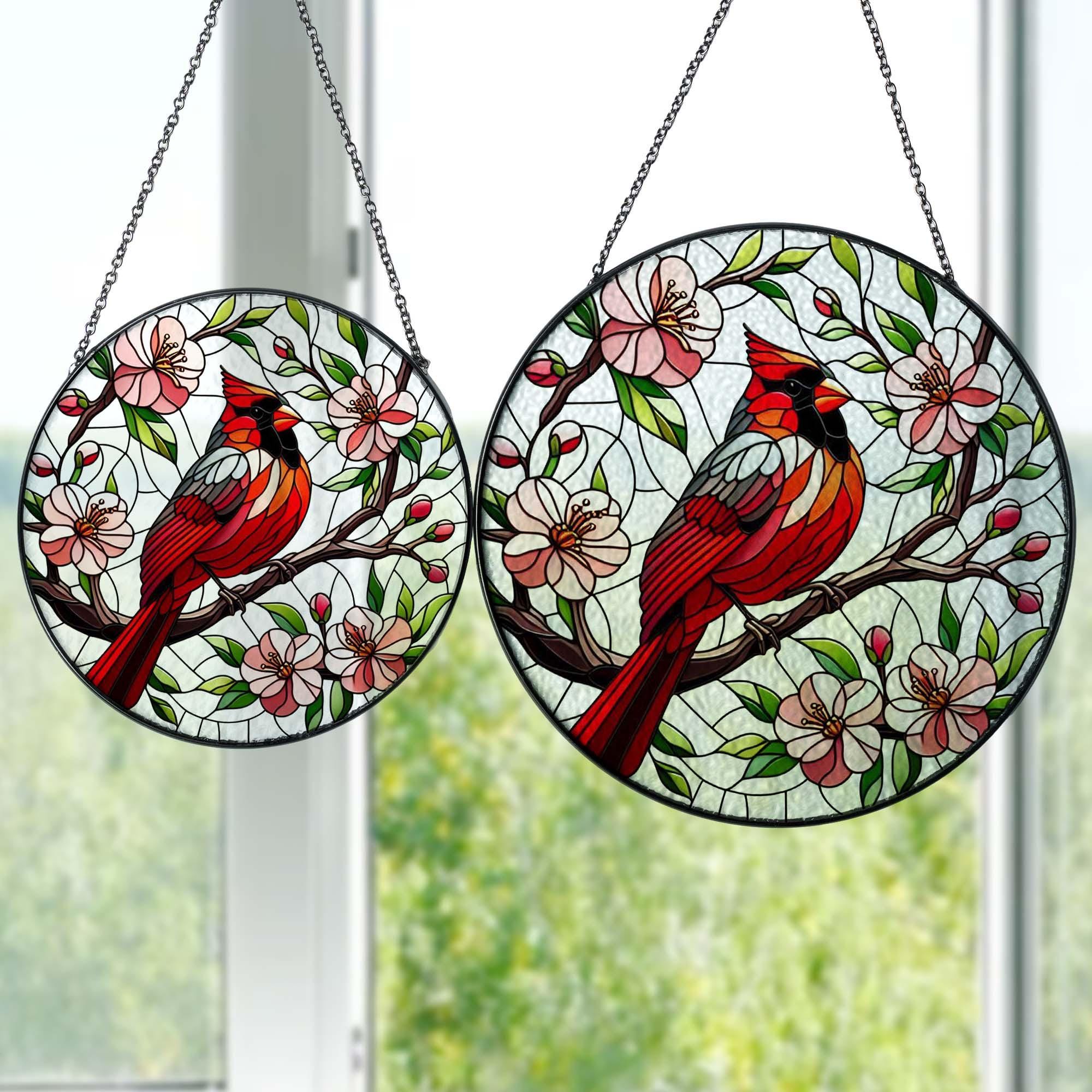 Cardinal on Peach Blossom GLASS Suncatcher Hanging, cardinal lovers, Window hanging, Suncatcher ornament, peach lover