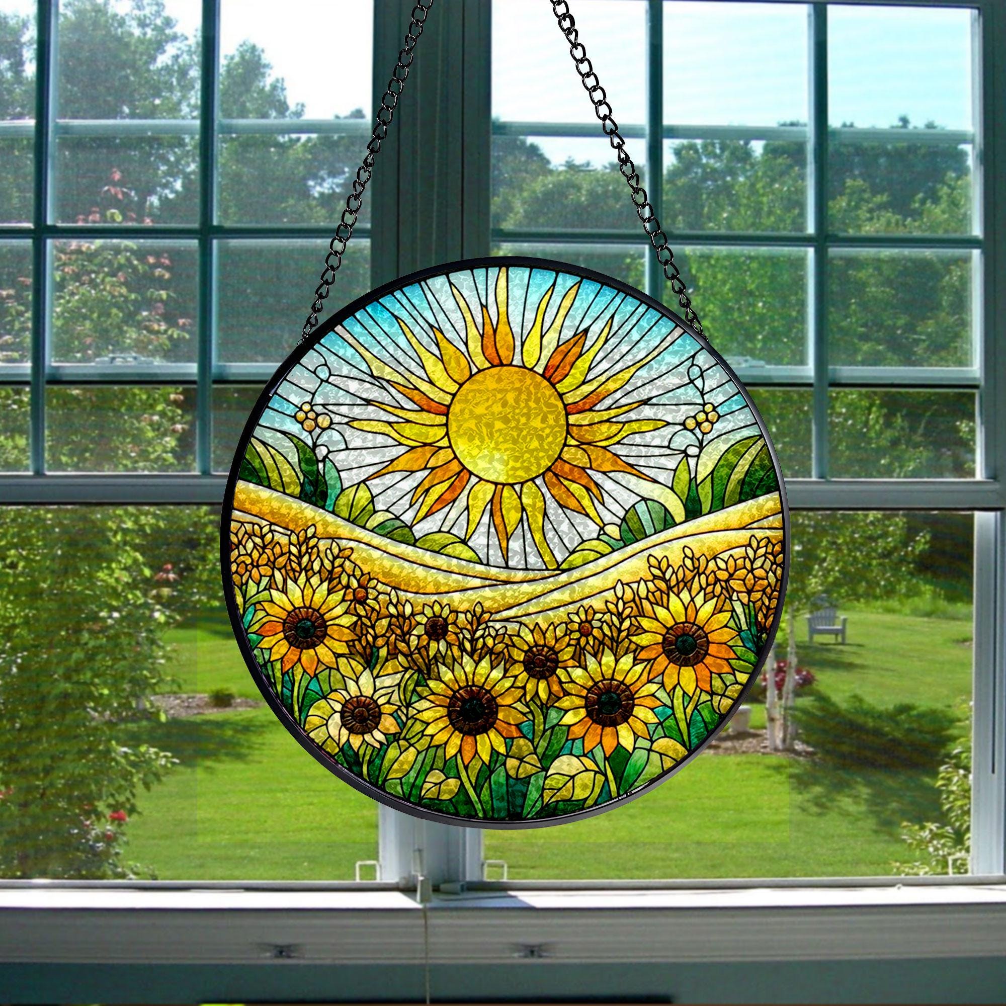 Sunshine On Sunflowers Stained Glass Suncatcher -Gift for Women, Sunflowers Window Hanging, Indoor Decor, Flowers Window Garden Suncatcher