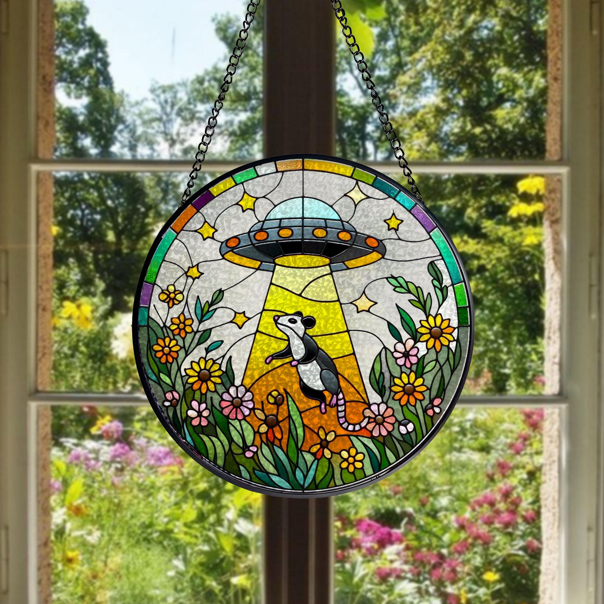 Mother's day gift set 2025 - UFO Abduction Opossum Wildflowers Glass Suncatcher - Funny Gifts for Window Hanging, Indoor Decor, Opossum Sign