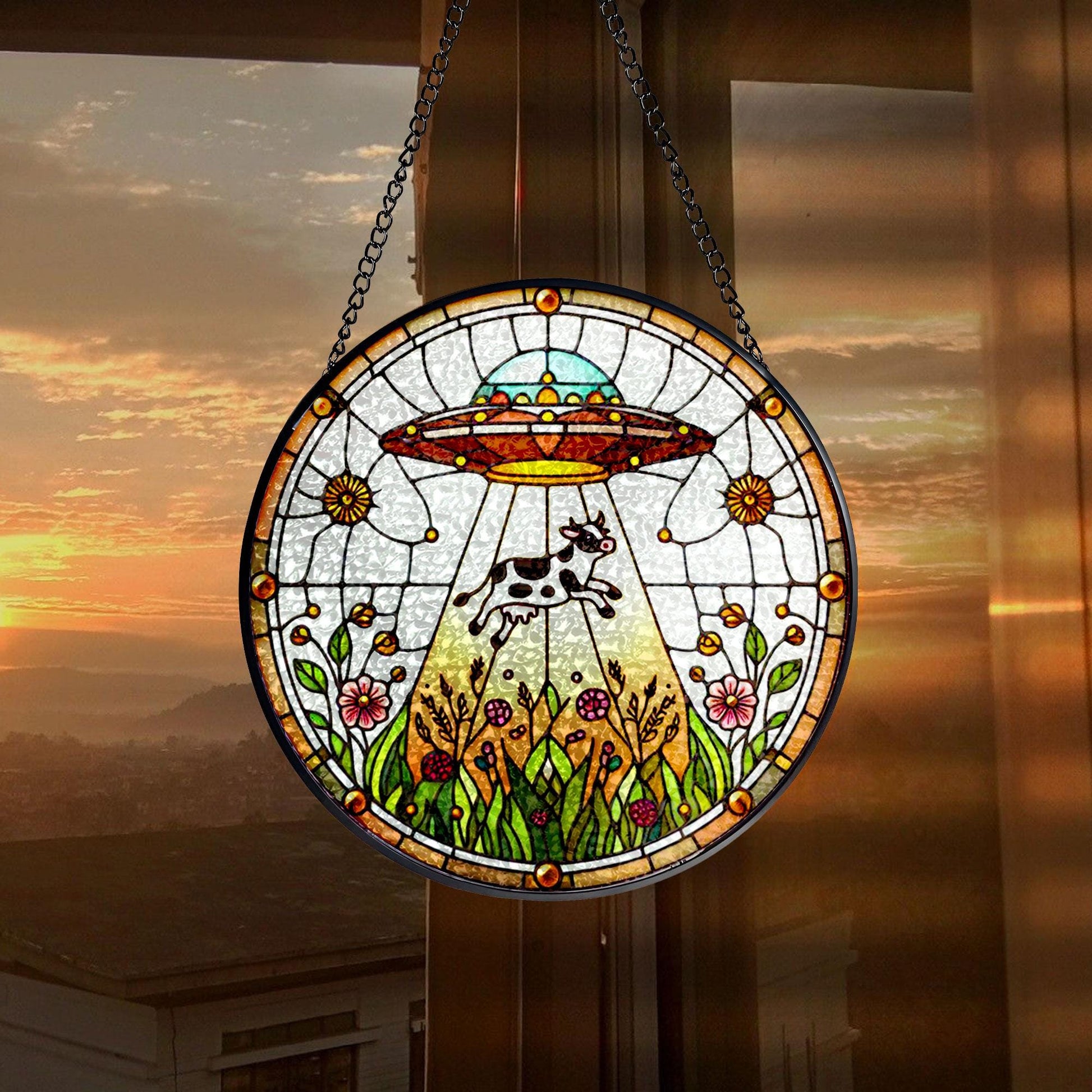 UFO Abduction Cow Wildflowers Glass Suncatcher - Funny Gifts for Women, Window Hanging, Indoor Decor, Suncatcher, Cow Sign