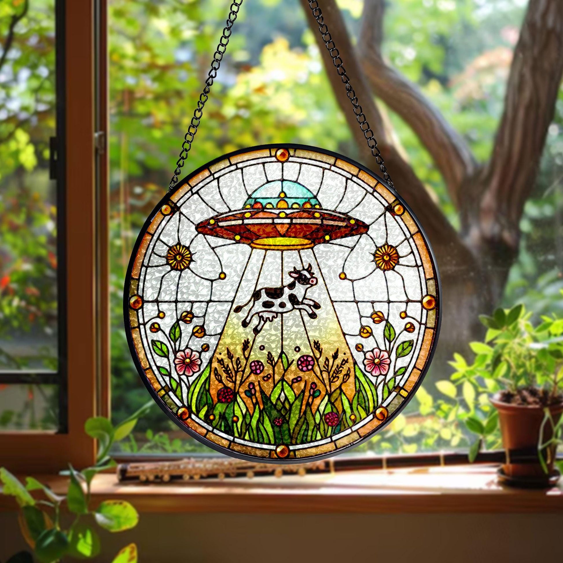 UFO Abduction Cow Wildflowers Glass Suncatcher - Funny Gifts for Women, Window Hanging, Indoor Decor, Suncatcher, Cow Sign