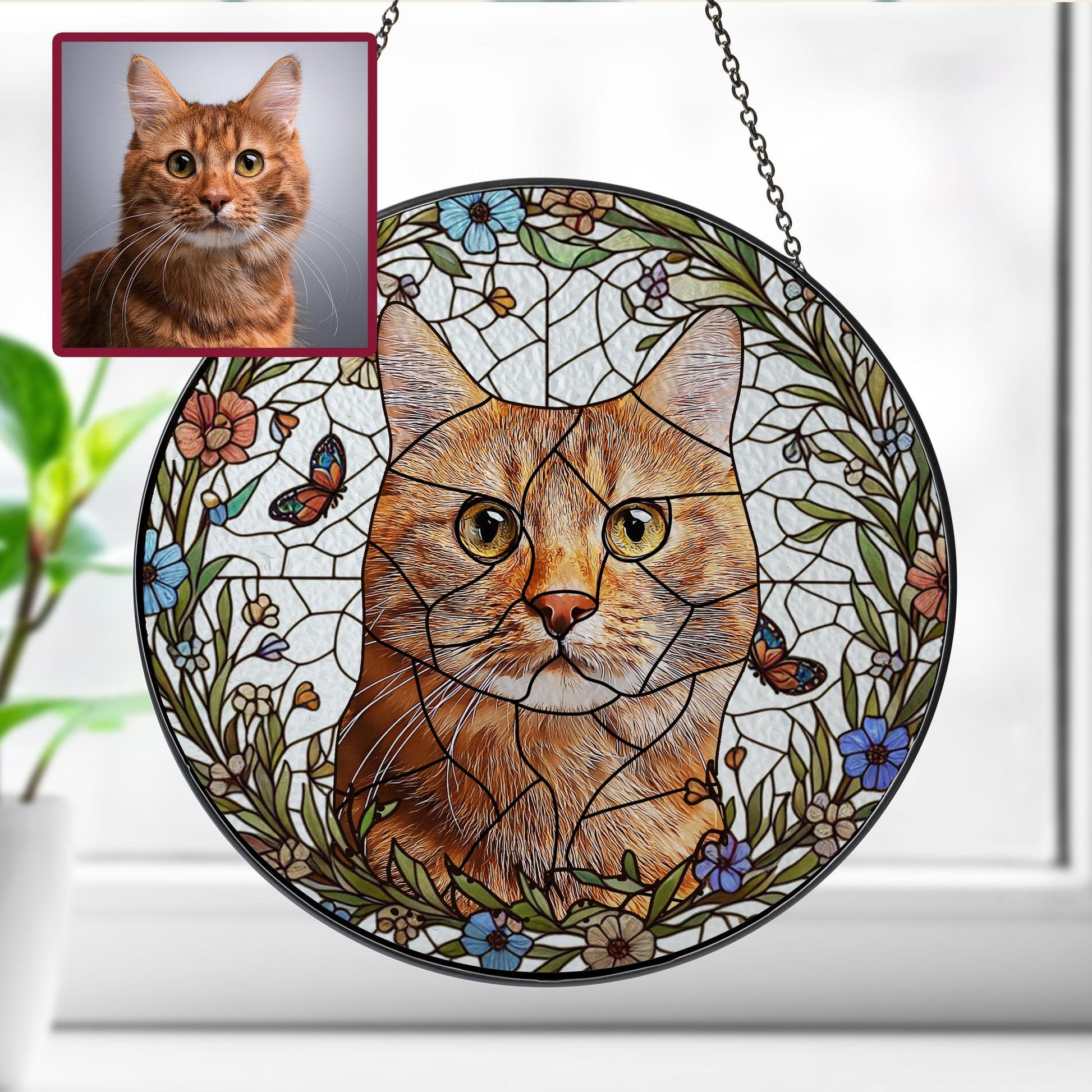 Custom Pet Dog & Cat Portrait Glass Suncatcher, Dog Cat Combination Suncatcher, Custom Pet Portrait from Photo, Sympathy Gifts, glass Pet