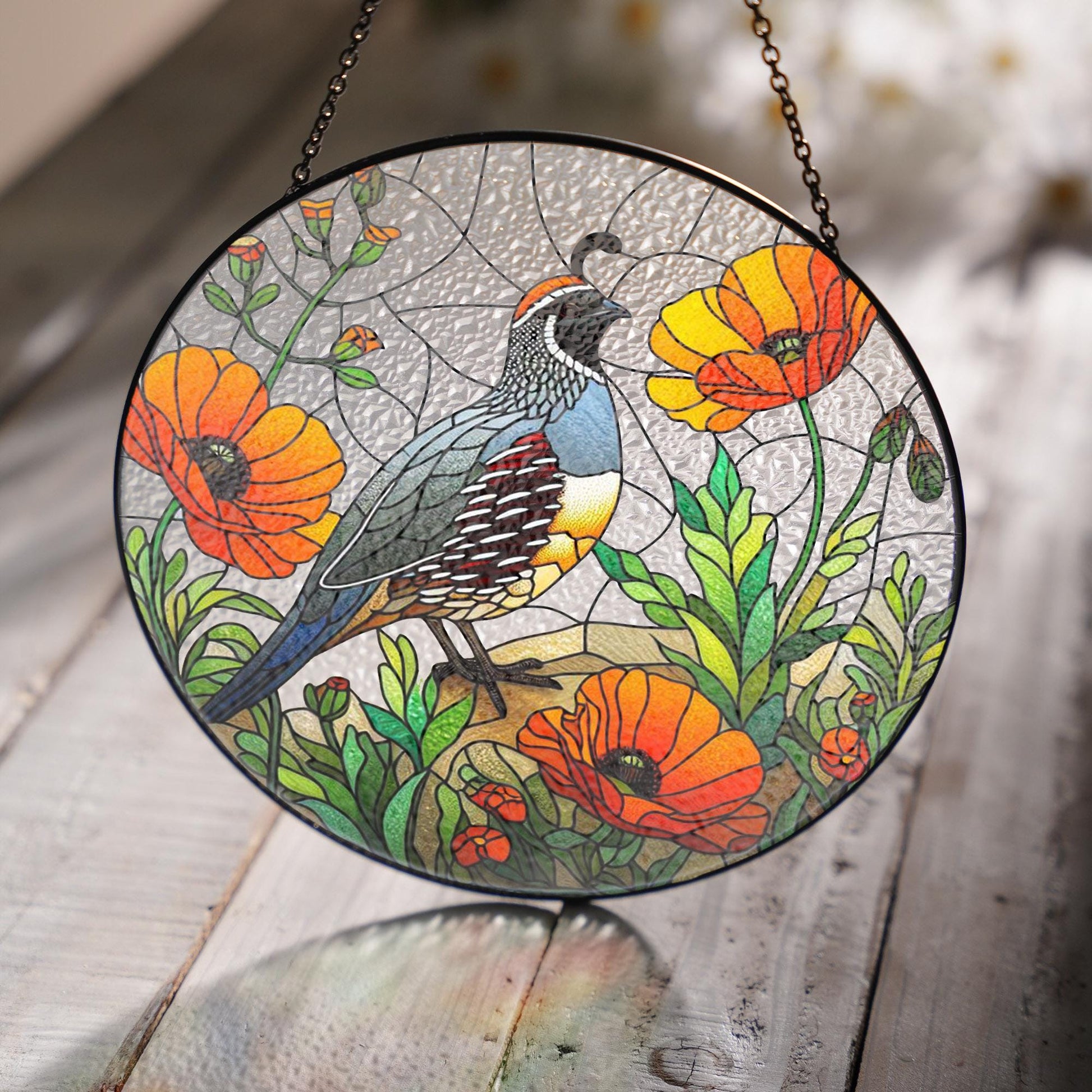 California Quail on poppies branch GLASS Hanging, Bird Lover Decor, Mother's day gift set 2025, Bird Suncatcher Decor, California Quail