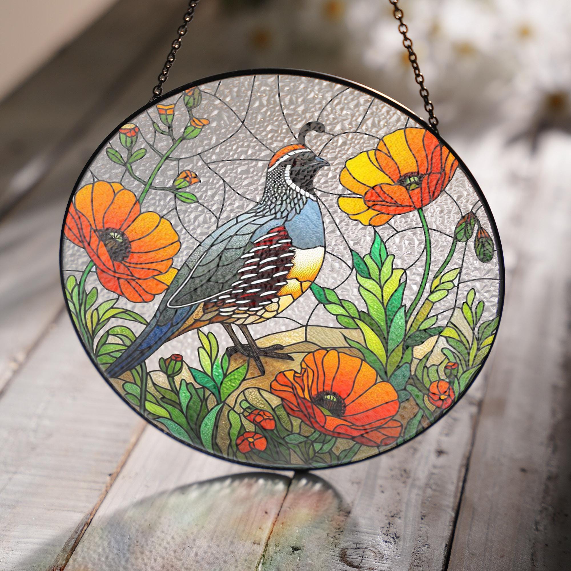 California Quail on poppies branch GLASS Hanging, Bird Lover Decor, Mother's day gift set 2025, Bird Suncatcher Decor, California Quail