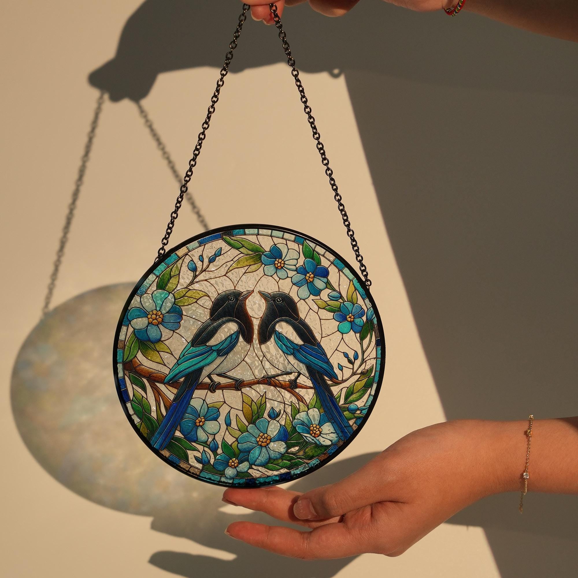 Blue Magpie on branch GLASS Hanging, Bird Lover Decor, Bird Nerd, Home Decor, Bird Suncatcher Decor, Blue Magpie Decor