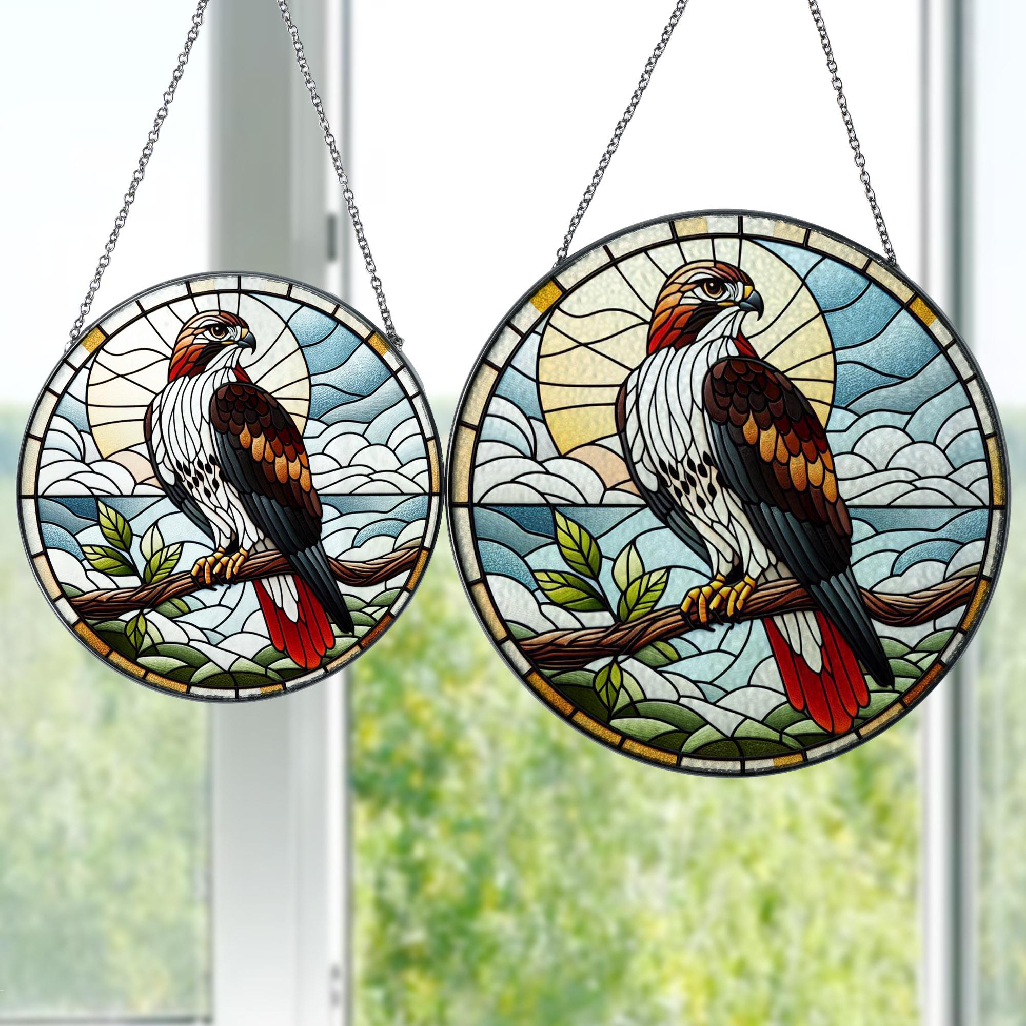 Red Tailed Hawk on branch GLASS Hanging, Bird Lover Decor, Bird Nerd, Home Decor, Bird Suncatcher Decor, Red Tailed Hawk Decor, bird feeder