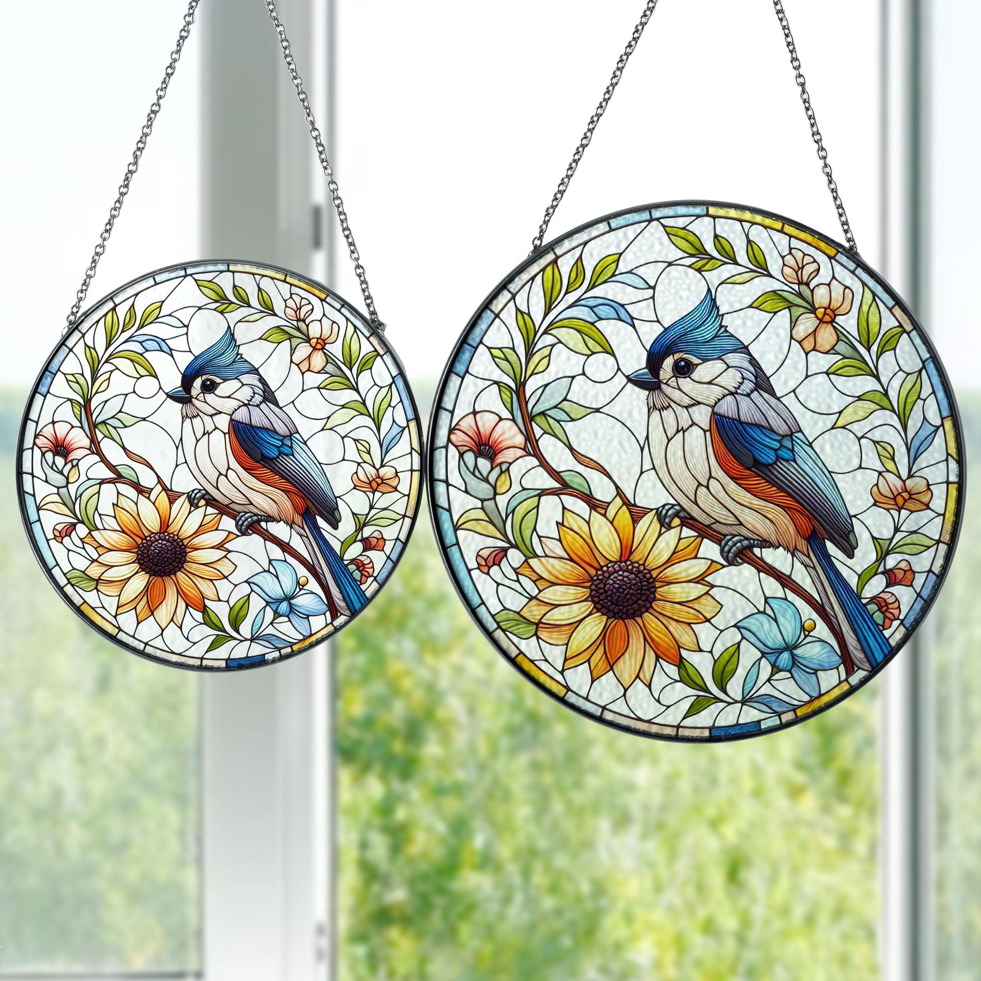 Tufted titmouse on branch GLASS Hanging, Bird Lover Decor, Bird Nerd, Home Decor, Bird Suncatcher Decor, Tufted titmouse Decor
