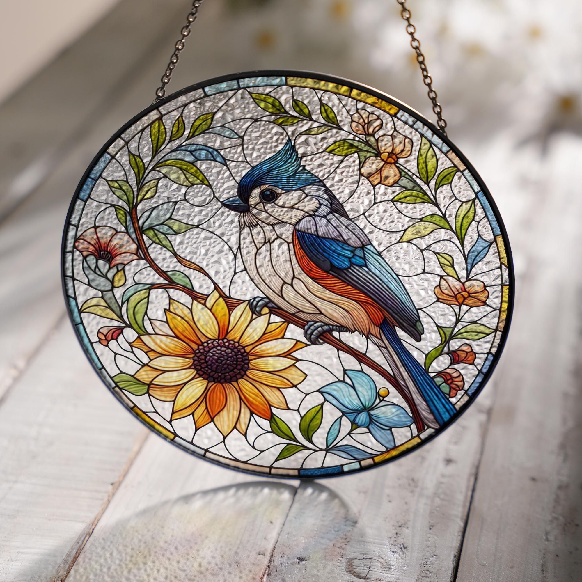 Tufted titmouse on branch GLASS Hanging, Bird Lover Decor, Bird Nerd, Home Decor, Bird Suncatcher Decor, Tufted titmouse Decor
