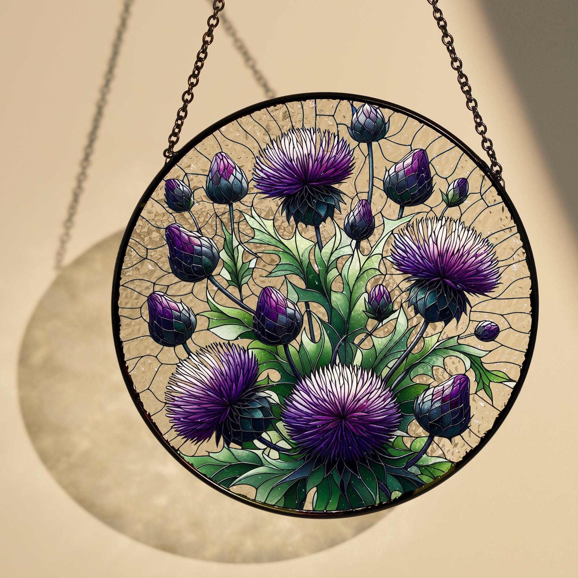 Purple Thistles GLASS SUNCATCHER, Purple Flower Wall Art Window Hanging, Flower Home Decor, Flower Lover Gift, Floral Glass Art