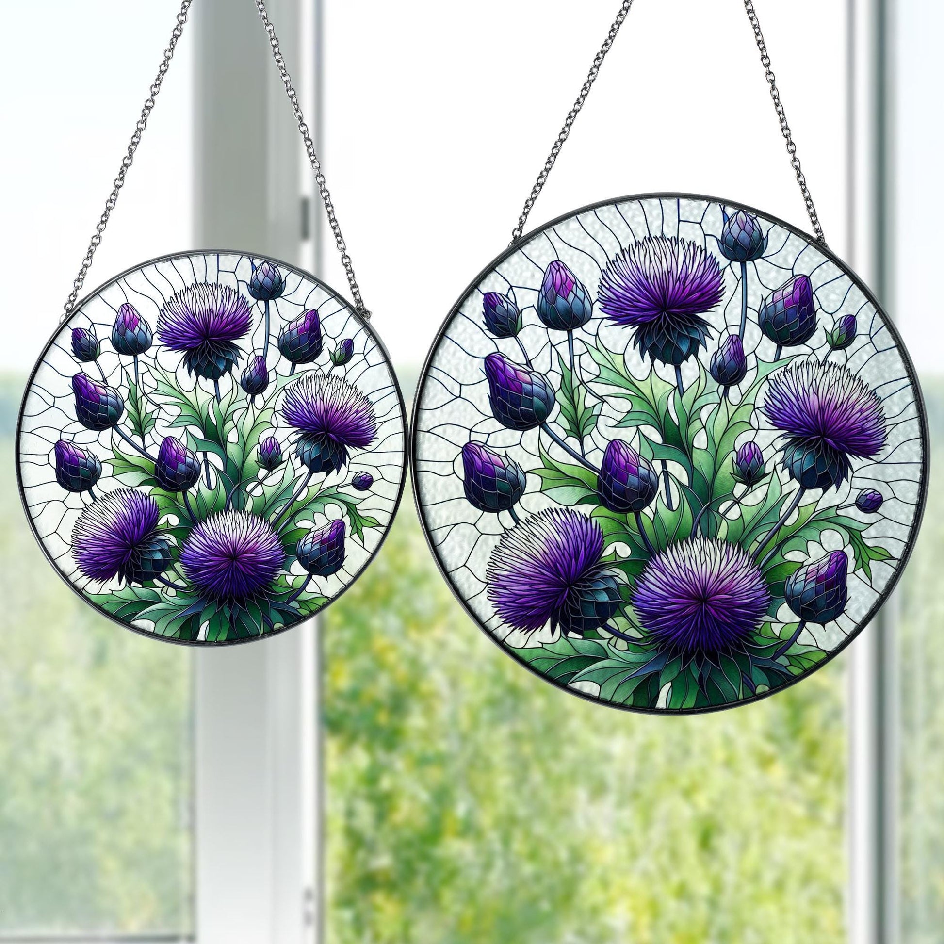 Purple Thistles GLASS SUNCATCHER, Purple Flower Wall Art Window Hanging, Flower Home Decor, Flower Lover Gift, Floral Glass Art