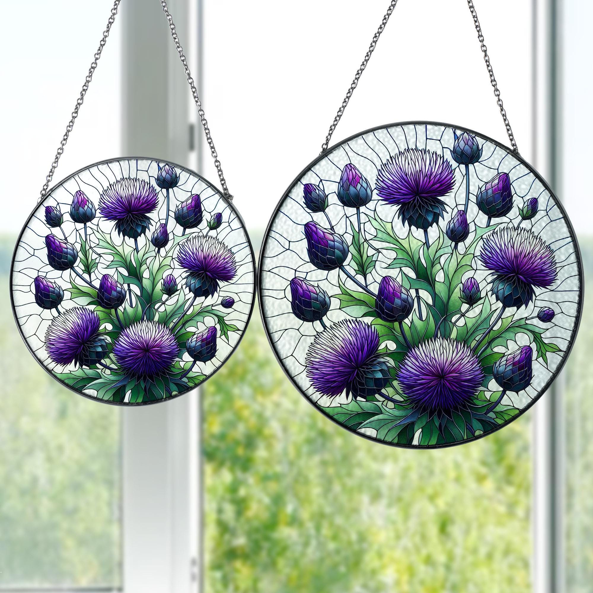 Purple Thistles GLASS SUNCATCHER, Purple Flower Wall Art Window Hanging, Flower Home Decor, Flower Lover Gift, Floral Glass Art