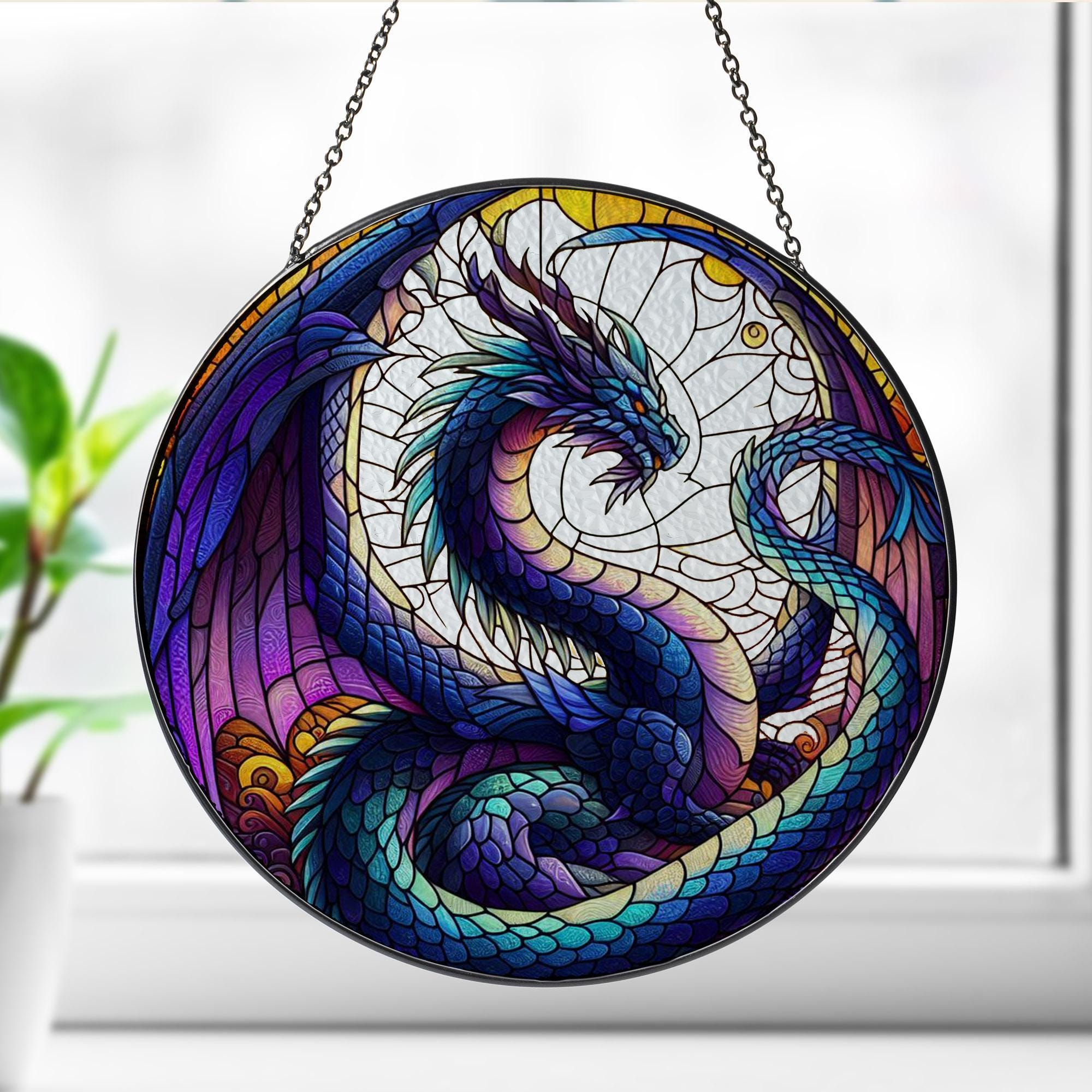 Dragon Mythical GLASS SUNCATCHER, Dragon Glass Art Window Hanging, Mythical Creature Home Decor, Fantasy Indoor Decor, Gothic Decor