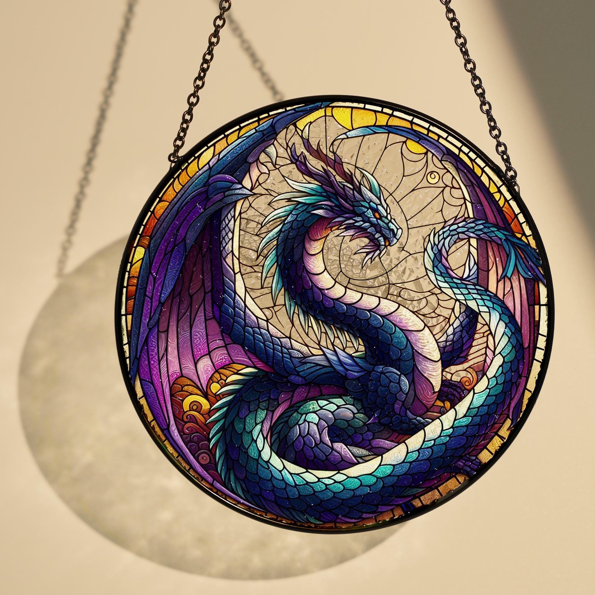 Dragon Mythical GLASS SUNCATCHER, Dragon Glass Art Window Hanging, Mythical Creature Home Decor, Fantasy Indoor Decor, Gothic Decor