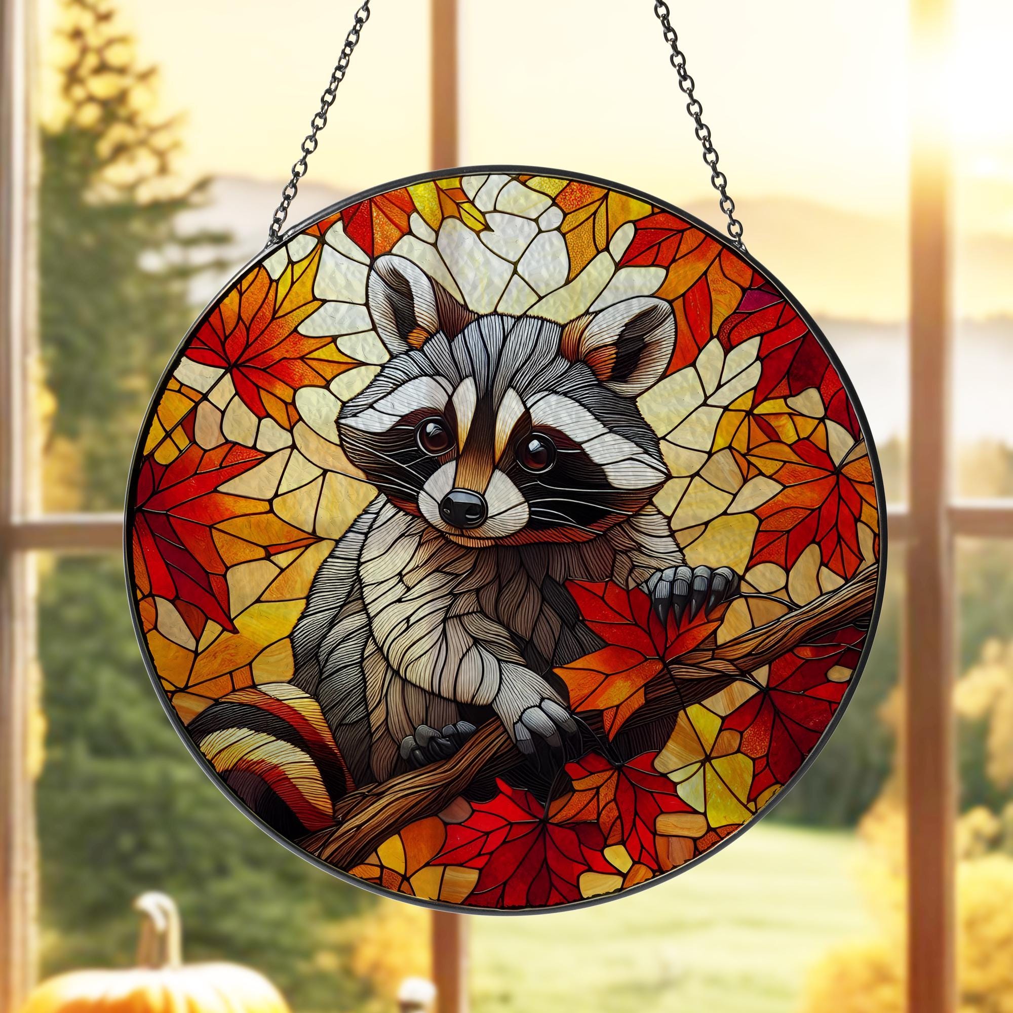 Autumn Raccoon GLASS, Autumn SUNCATCHER, Fall Home Decor, fall Animal Decor, Animal Lover Decor, Funny Raccoon Gift, Raccoon Decor