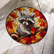 Autumn Raccoon GLASS, Autumn SUNCATCHER, Fall Home Decor, fall Animal Decor, Animal Lover Decor, Funny Raccoon Gift, Raccoon Decor