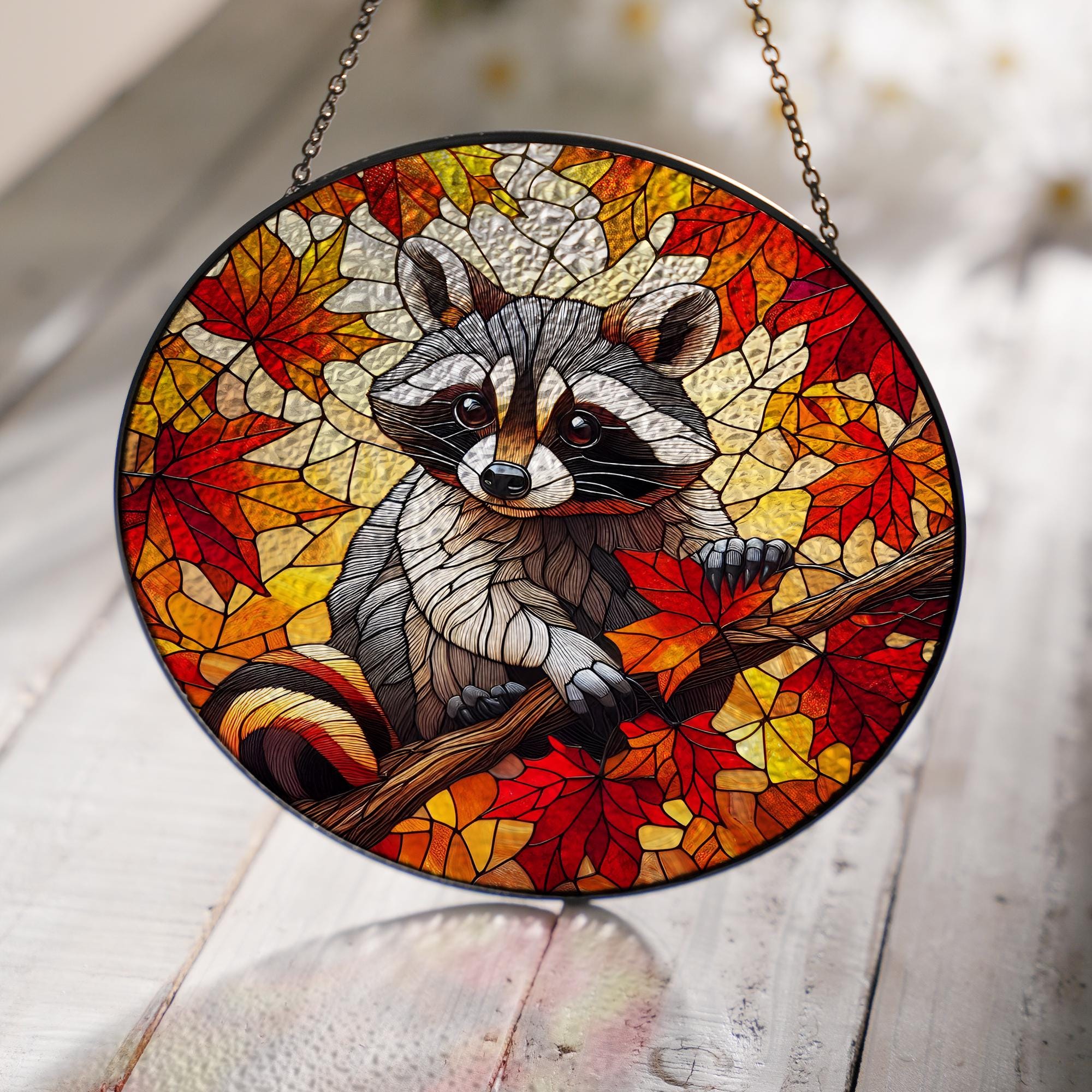 Autumn Raccoon GLASS, Autumn SUNCATCHER, Fall Home Decor, fall Animal Decor, Animal Lover Decor, Funny Raccoon Gift, Raccoon Decor