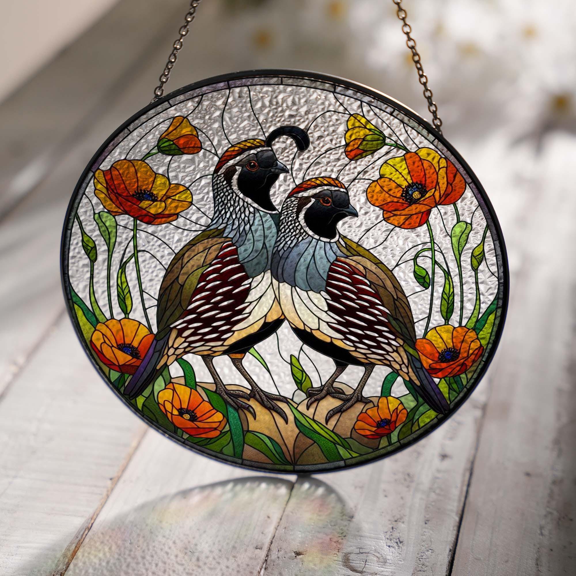 California Quail couple and poppies GLASS Hanging, Bird Lover Decor, Bird Nerd, Home Decor, Bird Suncatcher Decor, California Quail Decor