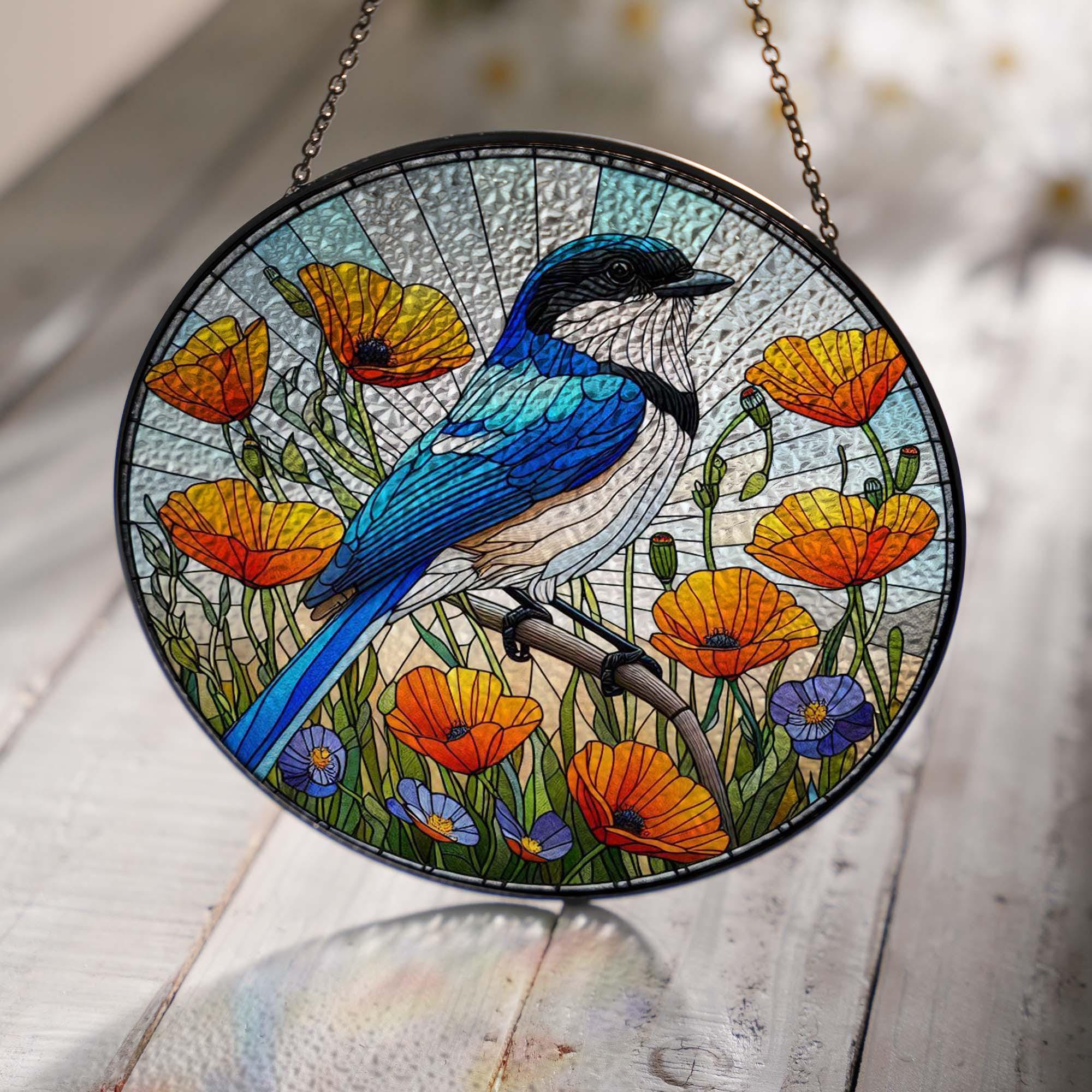 California Scrub Jay and poppies GLASS Hanging, Bird Lover Decor, Bird Nerd, Home Decor, Orange Poppies, Bird glass, Housewarming gift