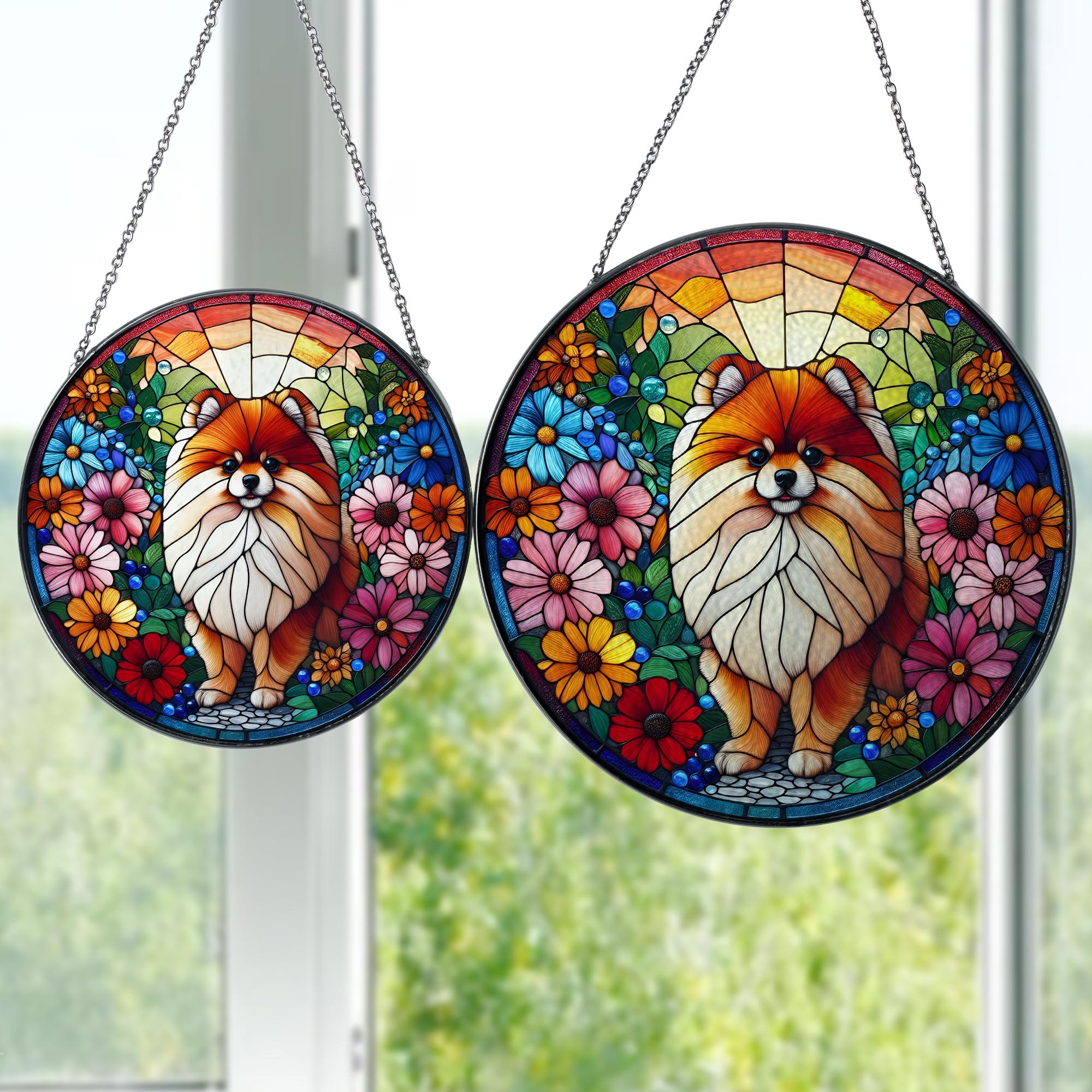 Pomeranian Dog With Flower GLASS, Dog Suncatcher Decor, Dog Mom Decor, Dog Lover, Dog Mama Gift, Gift For Dog Mom, Pomeranian Lover