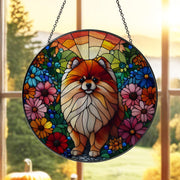 Pomeranian Dog With Flower GLASS, Dog Suncatcher Decor, Dog Mom Decor, Dog Lover, Dog Mama Gift, Gift For Dog Mom, Pomeranian Lover