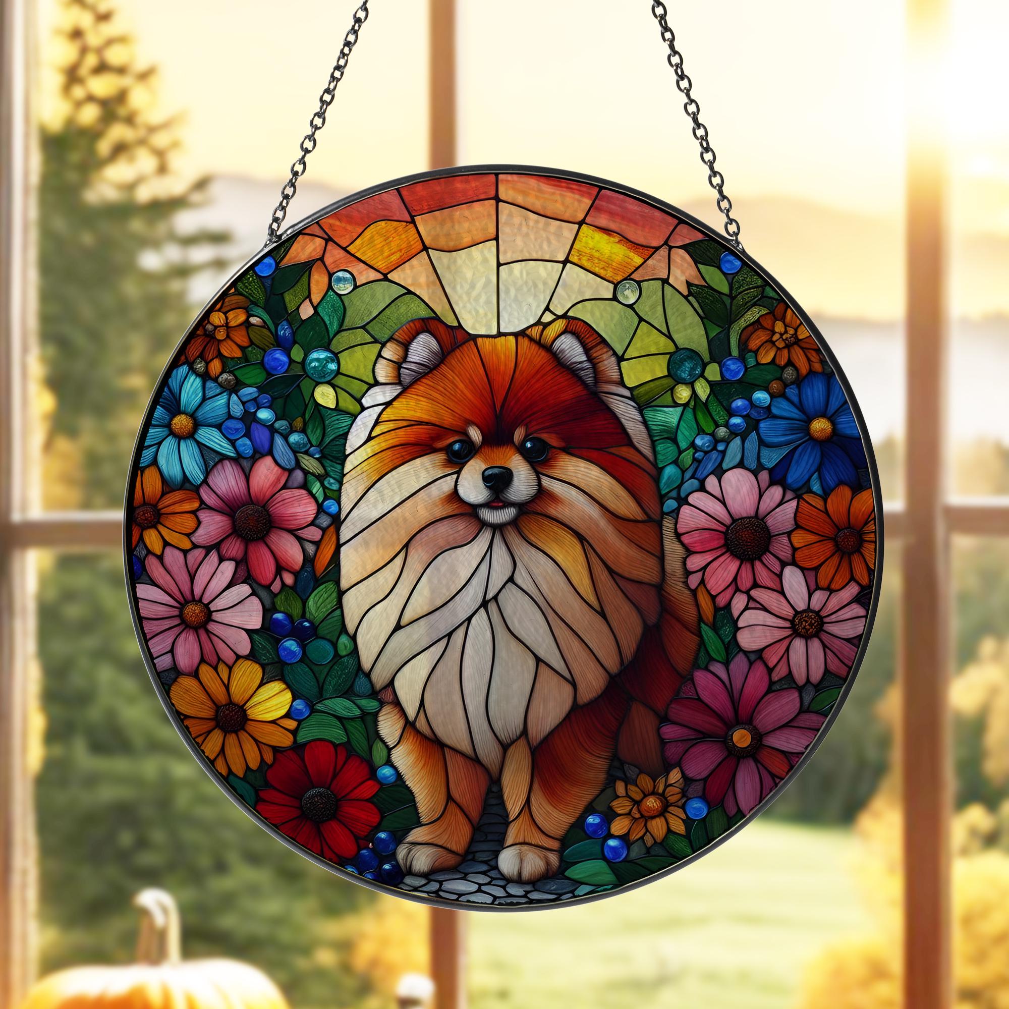 Pomeranian Dog With Flower GLASS, Dog Suncatcher Decor, Dog Mom Decor, Dog Lover, Dog Mama Gift, Gift For Dog Mom, Pomeranian Lover