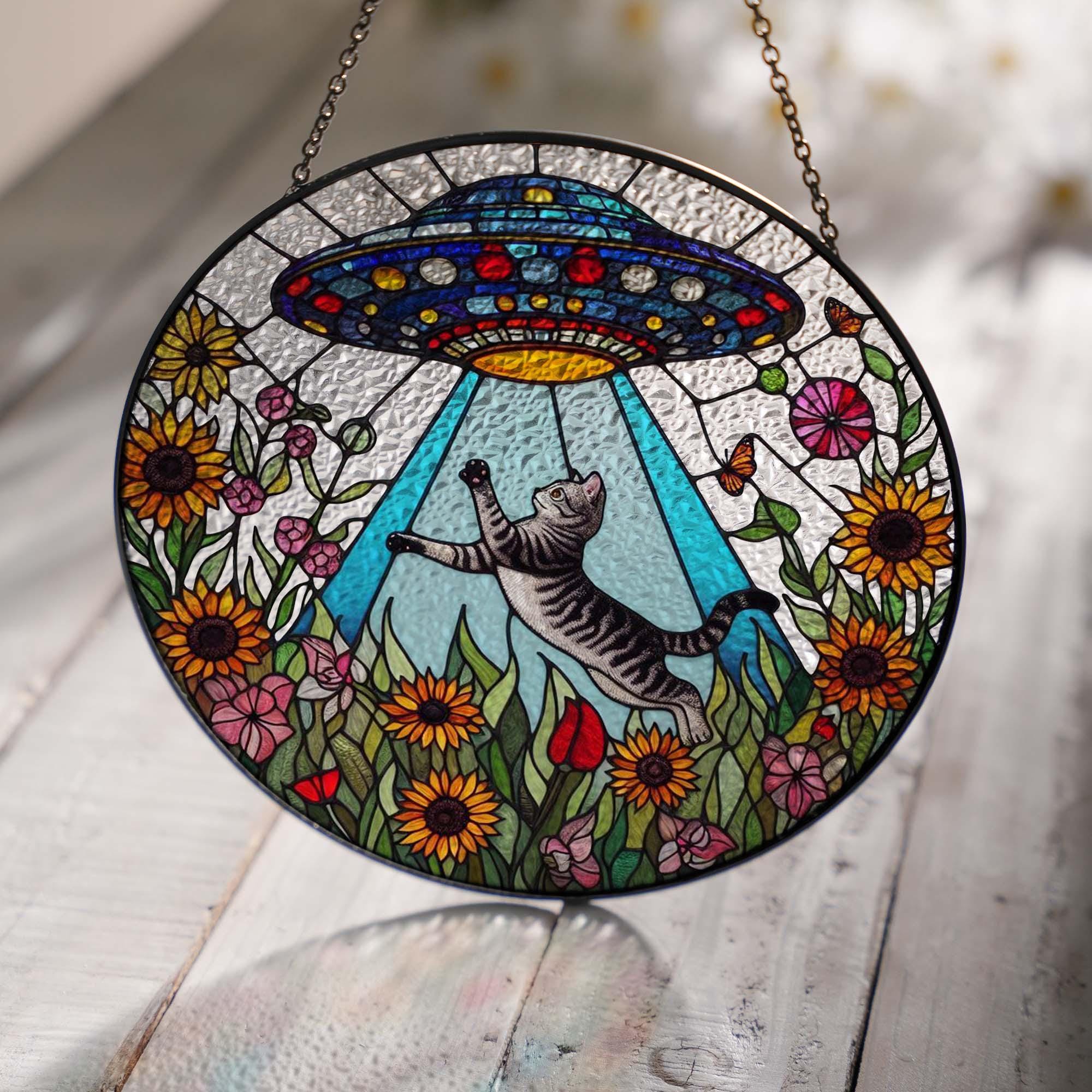 UFO Abduction tabby cat Wildflowers Glass Hanigng- Funny Gifts for Women, Window Hanging, Indoor Decor, tabby cat mom gift