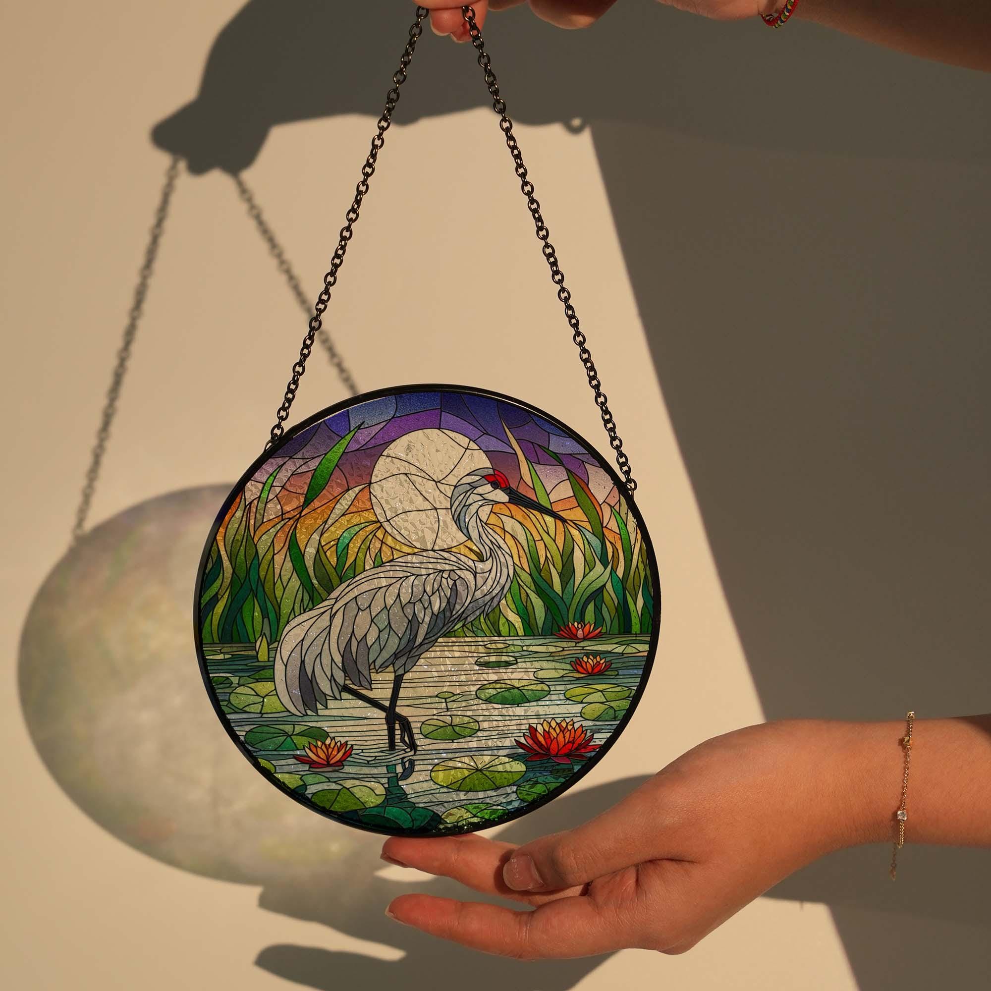 Sandhill crane on lake GLASS Suncatcher Hanging, Sandhill crane Window hanging, Suncatcher ornament, bird  lover gift, Sandhill crane lover