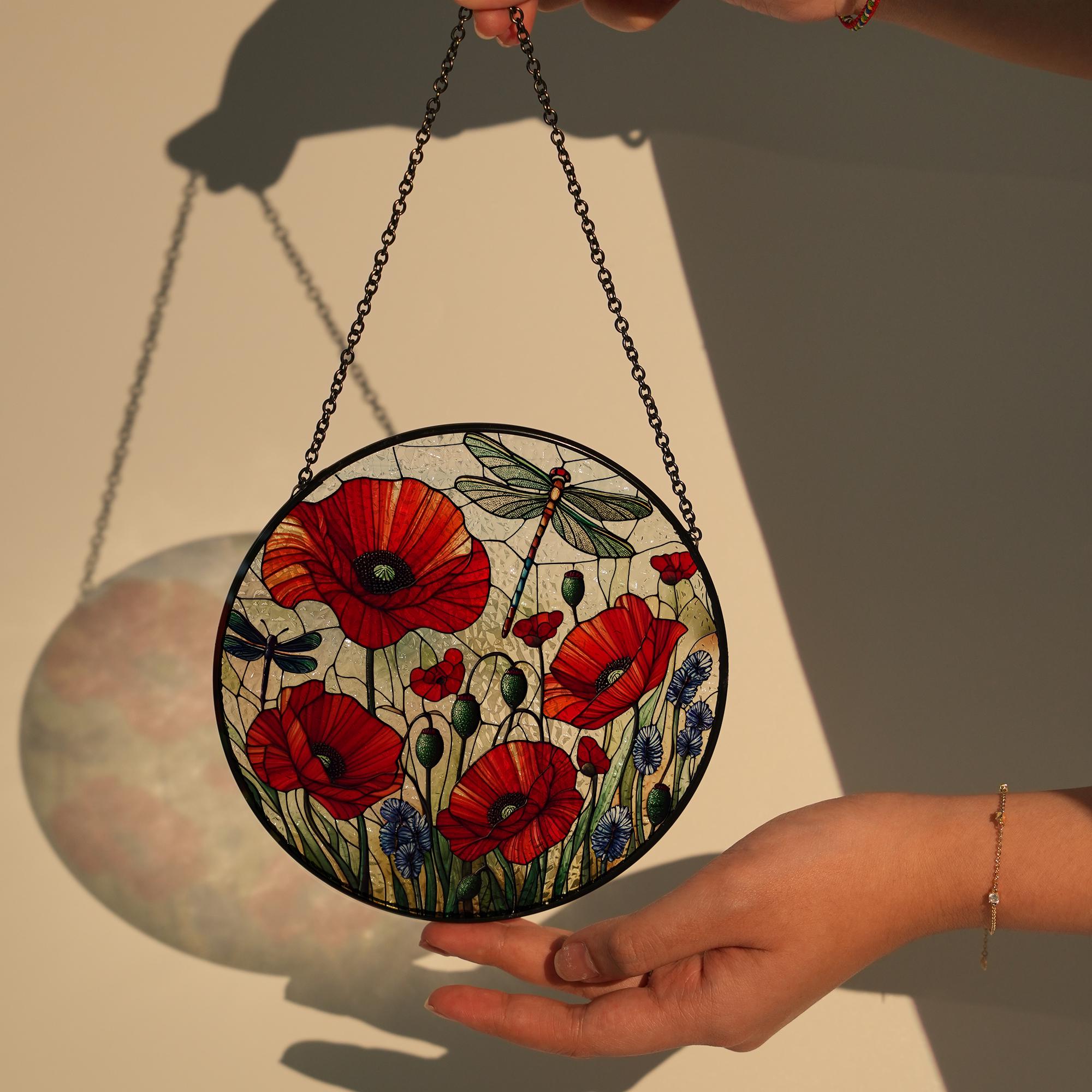 Red Poppy Flower With Dragonfly GLASS, Poppy Flower Decor, Flower Dragonfly Suncatcher, Natural Scenery, MOTHER'S DAY gift set 2025