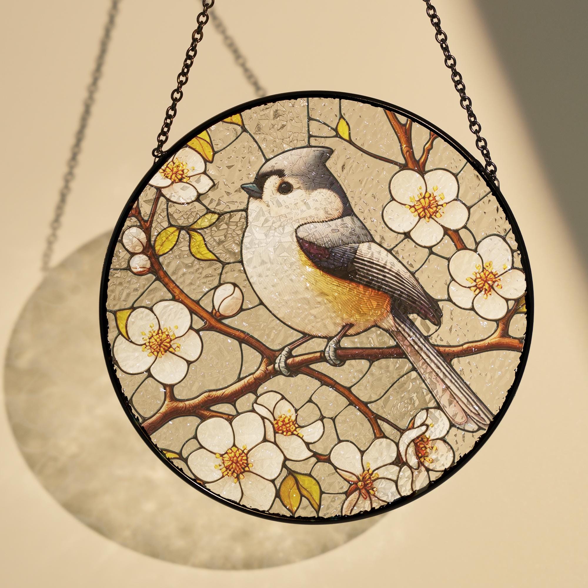Tufted titmouse on white peach blossom branch glass window hanging, couple gift, bird nerds, Perfect gift for bird watching, gift for her