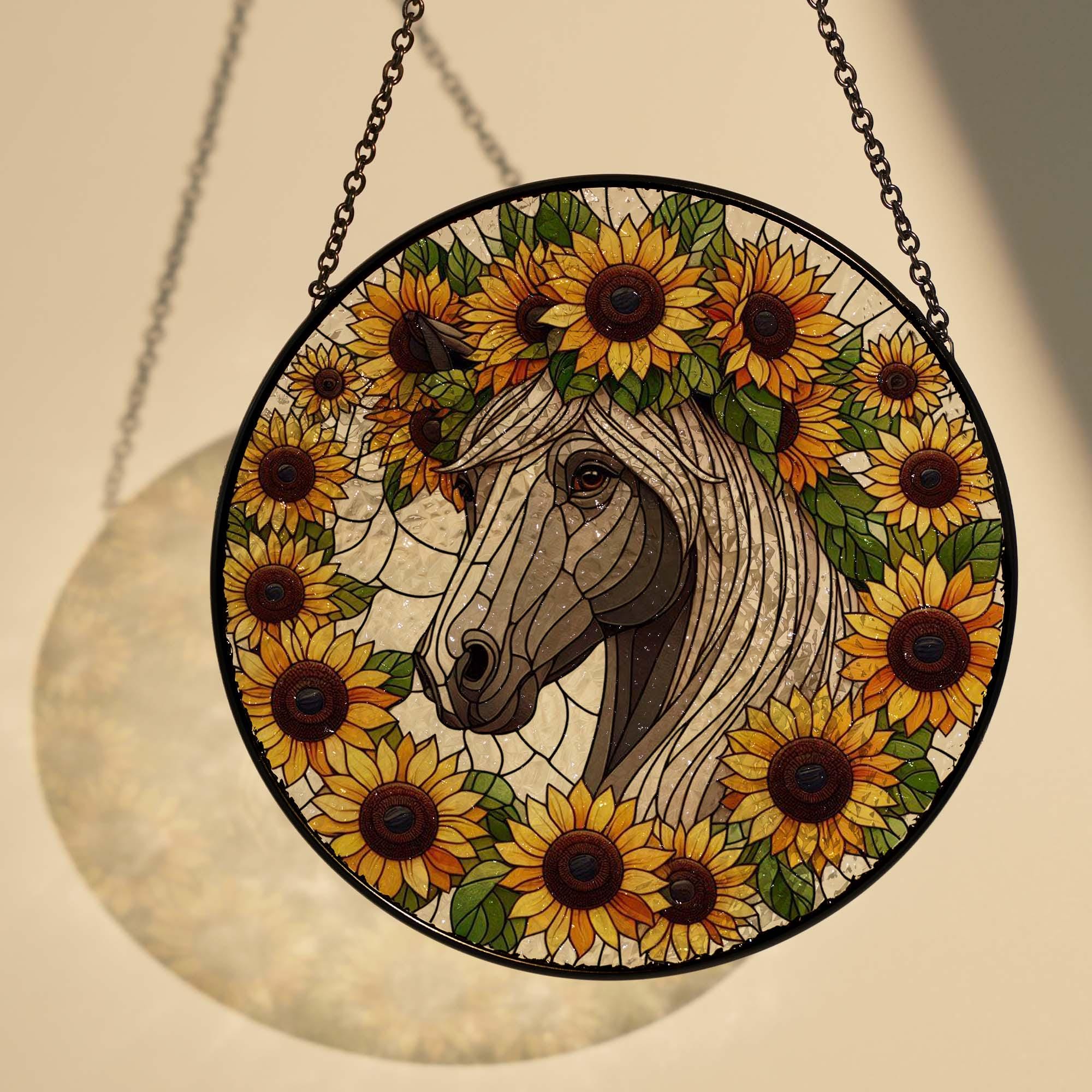 Horse among sunflowers GLASS suncatcher Hanging, Horse Window hanging, farm house sign, Suncatcher ornament, Housewarming gift