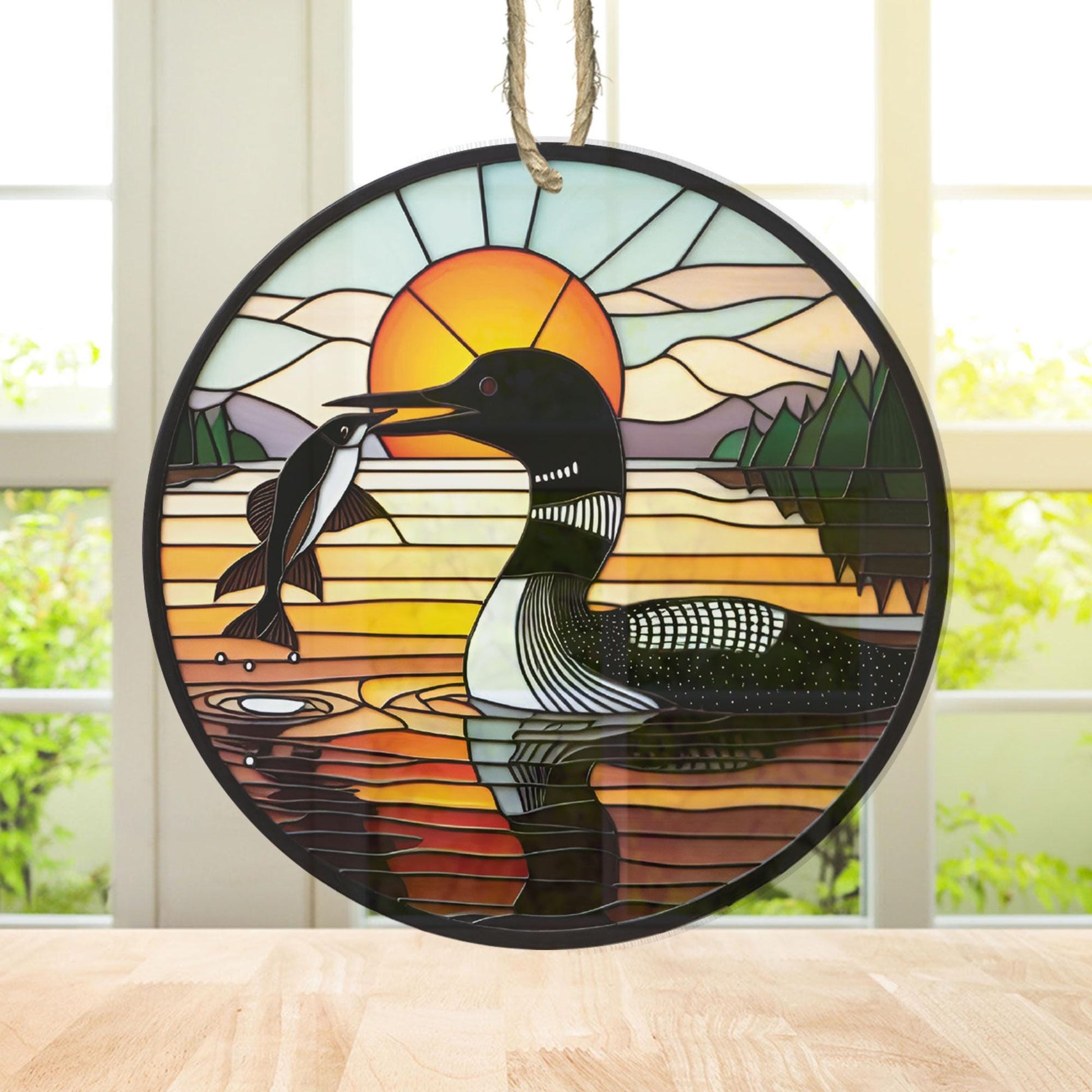 Loon bird sunset Suncatcher Ornament, Loon bird decor, Loon bird lover, Home decor, Gift for dad, Bird nerd,  NOT glass, Window hanging