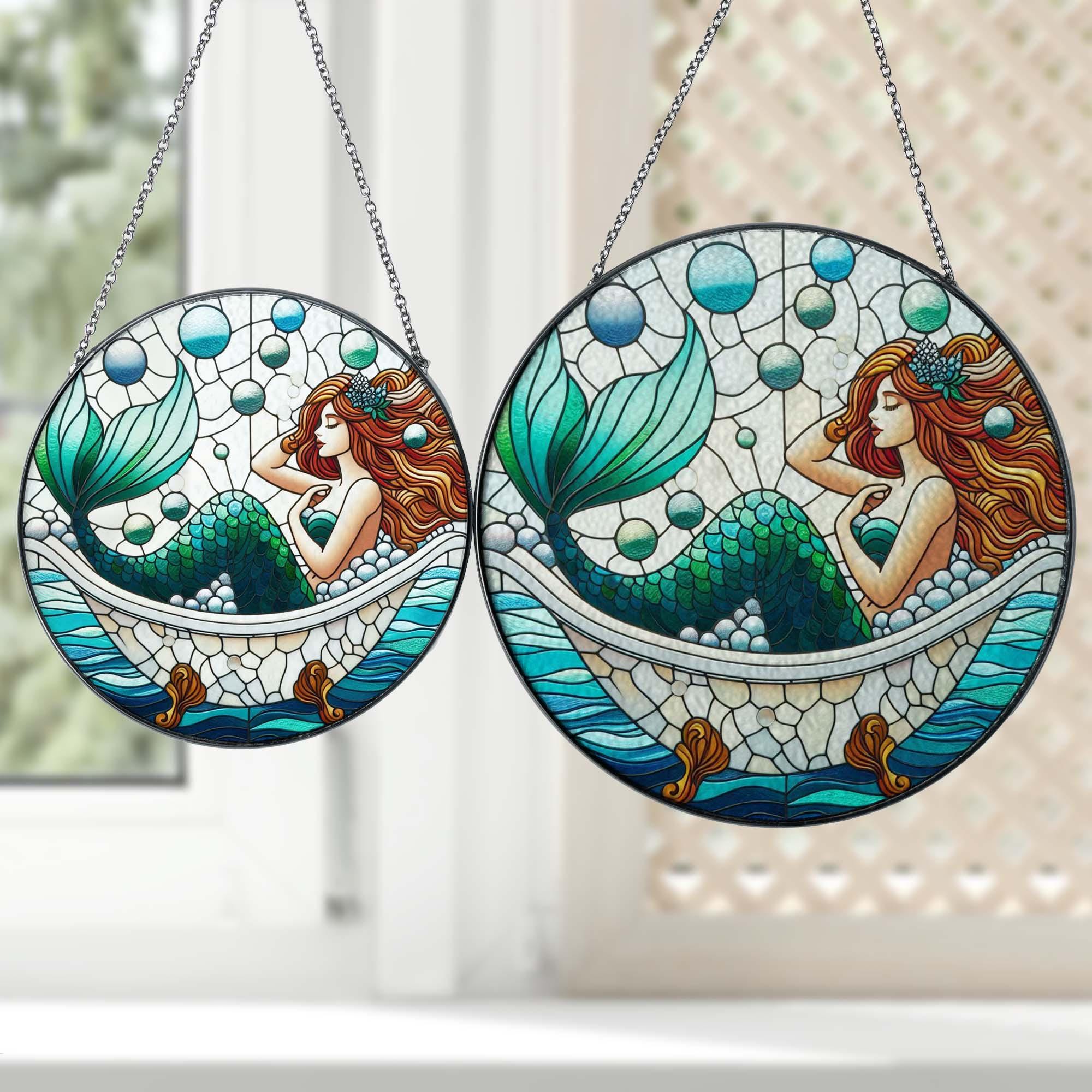 Mermaid in bath tub GLASS Window Hanging, Mermaid lover gift, Mermaid glass ornament, Bathroom decor, Bathroom hanging