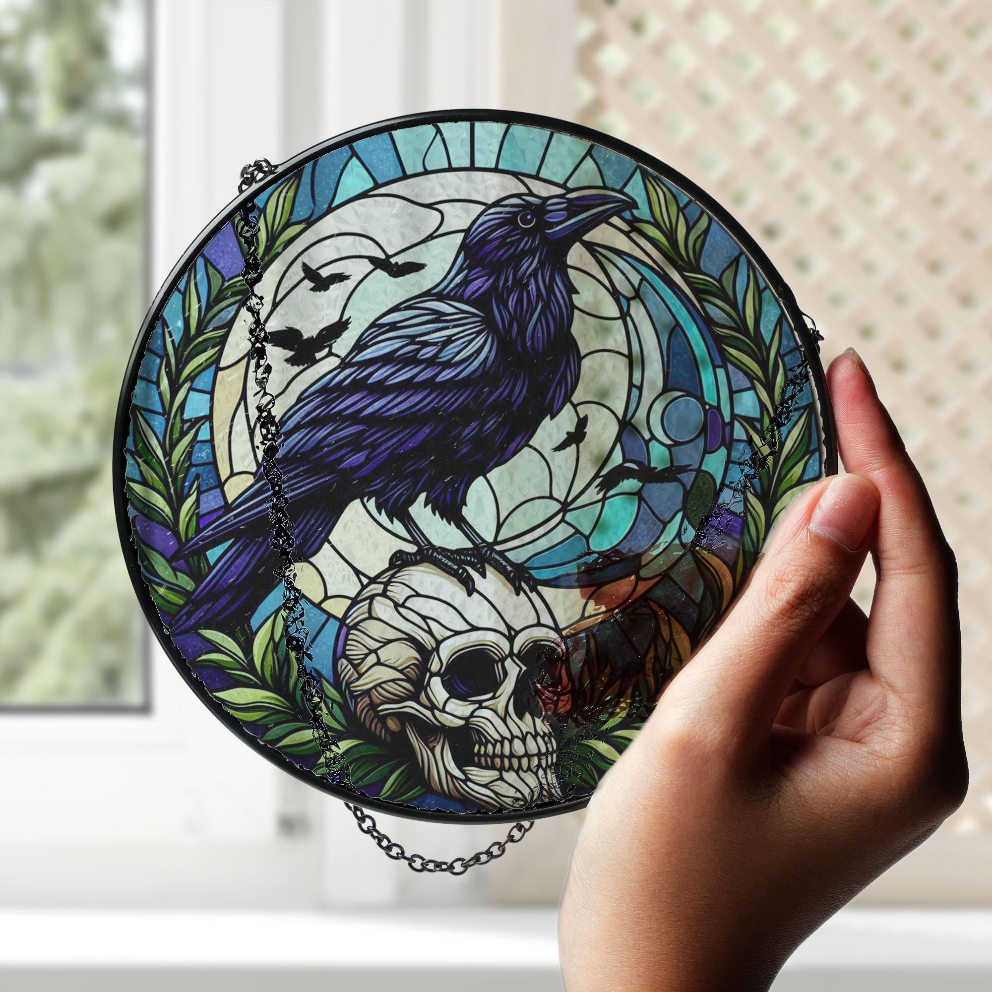 Raven skull  STAINED GLASS Hanging, Raven Window hanging, Raven Suncatcher, Dark academia, Gothic sign, Housewarming gift