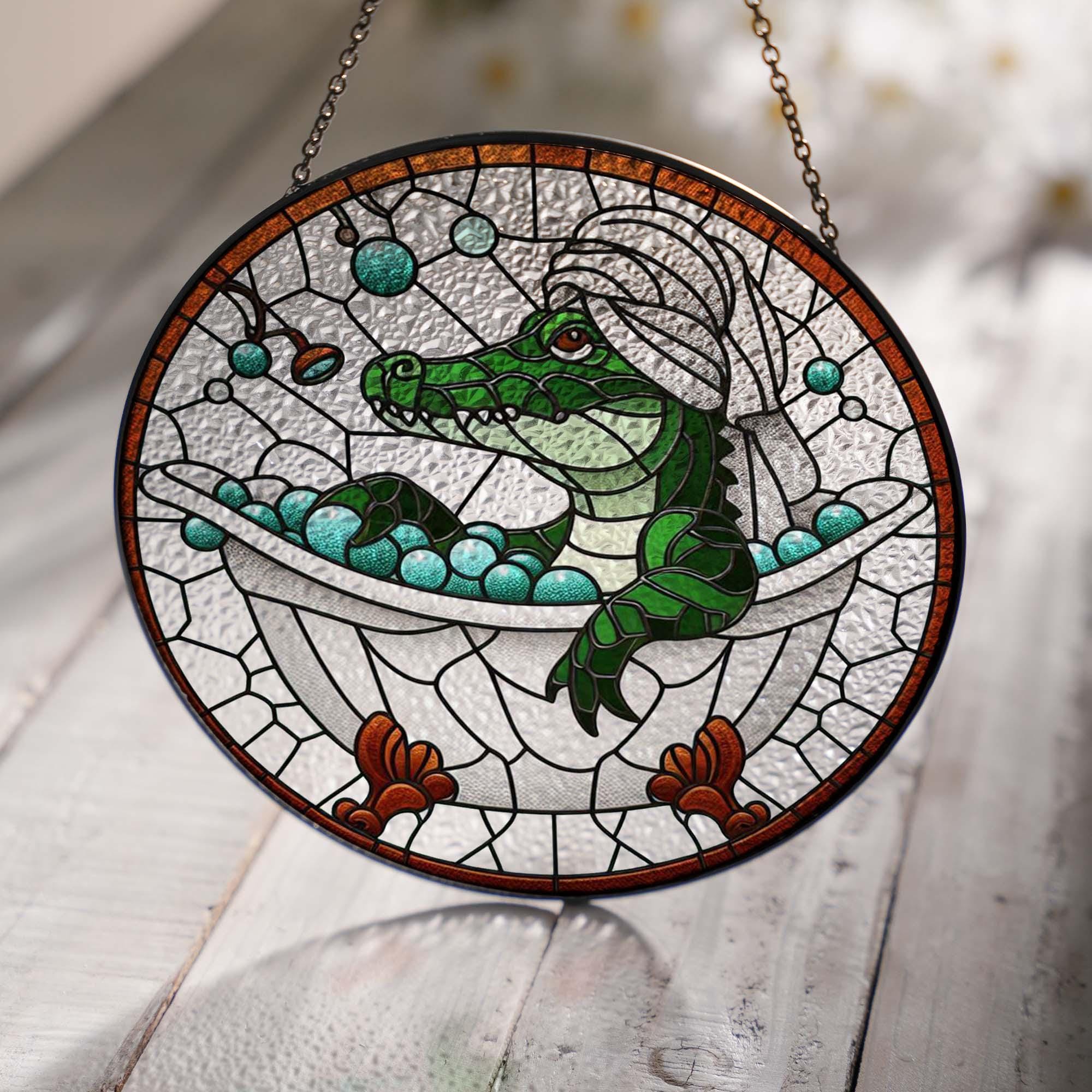 Gator in bath tub GLASS Suncatcher Hanging, Funny Alligator, Alligator glass ornament, Bathroom decor, Funny Bathroom decor,
