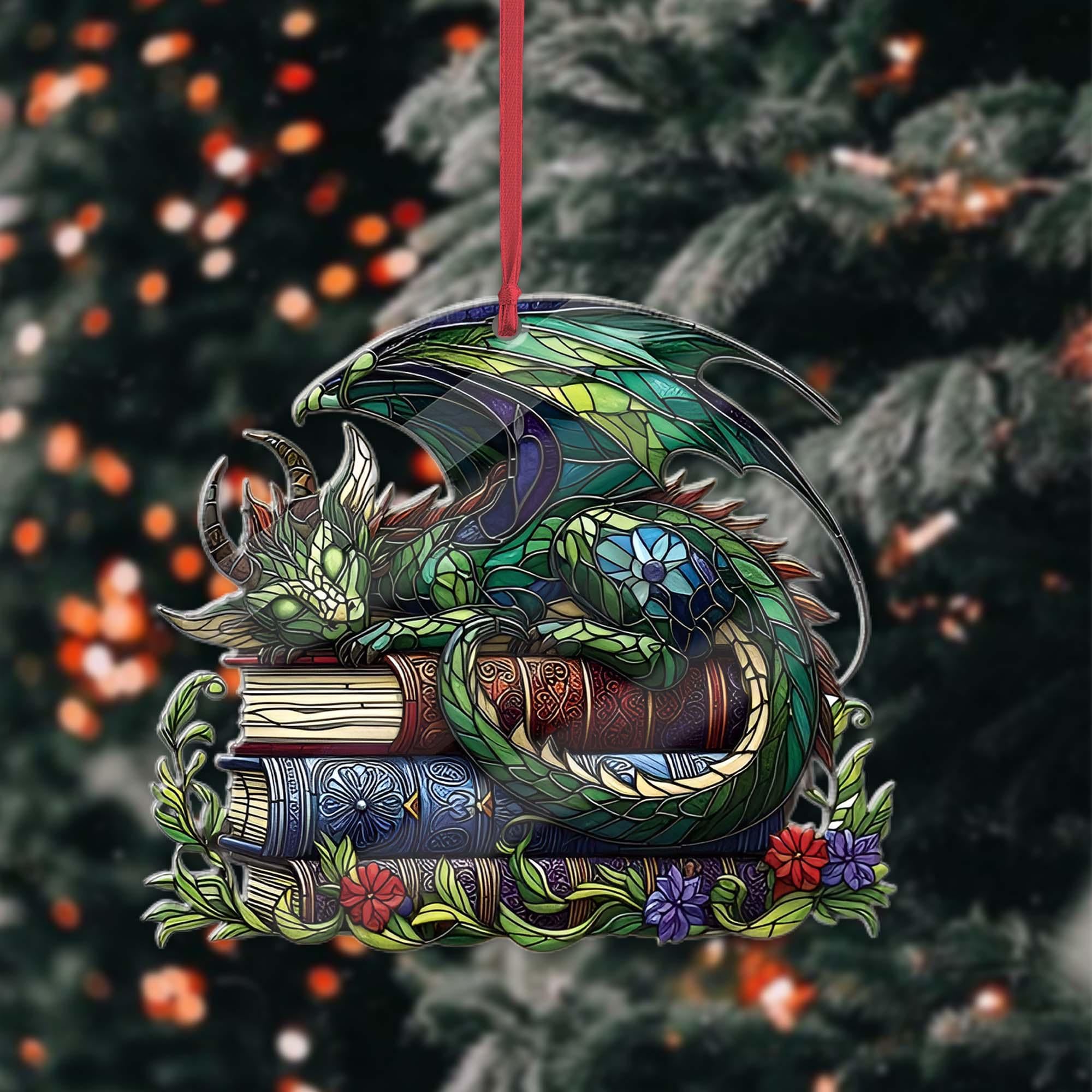 Dragon sleep over bookstack Christmas ornament, Book lovers gift, Librarian gift, Christmas hanging, book  dragon, Book nerd gift