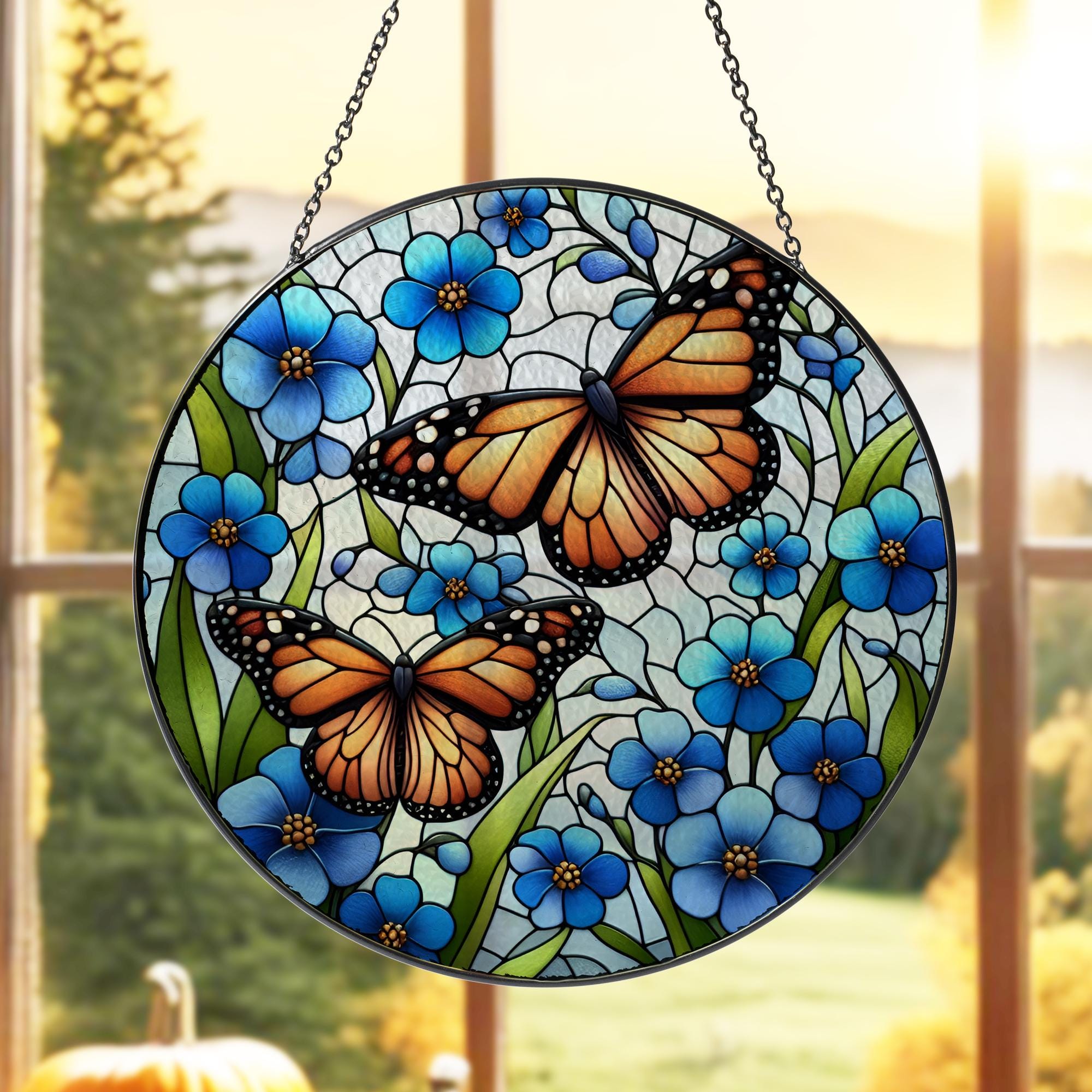 Monarchs among Forget me not flowers GLASS suncatcher Hanging, Monarch Window hanging, Suncatcher ornament, Housewarming gift