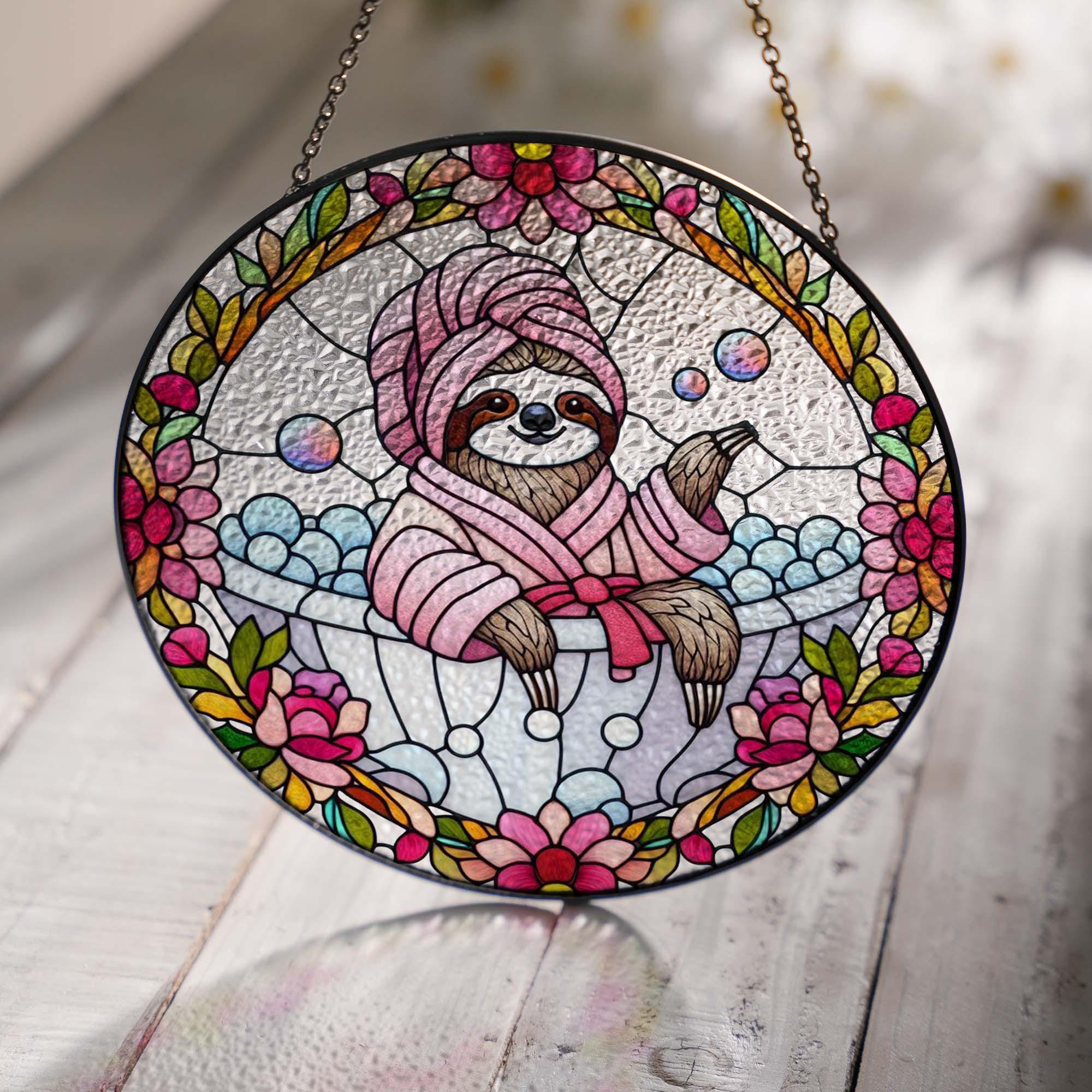 Funny Sloth in bath tub GLASS Suncatcher Hanging, Sloth glass ornament, Bathroom decor, Funny Bathroom decor, Sloth lover gift