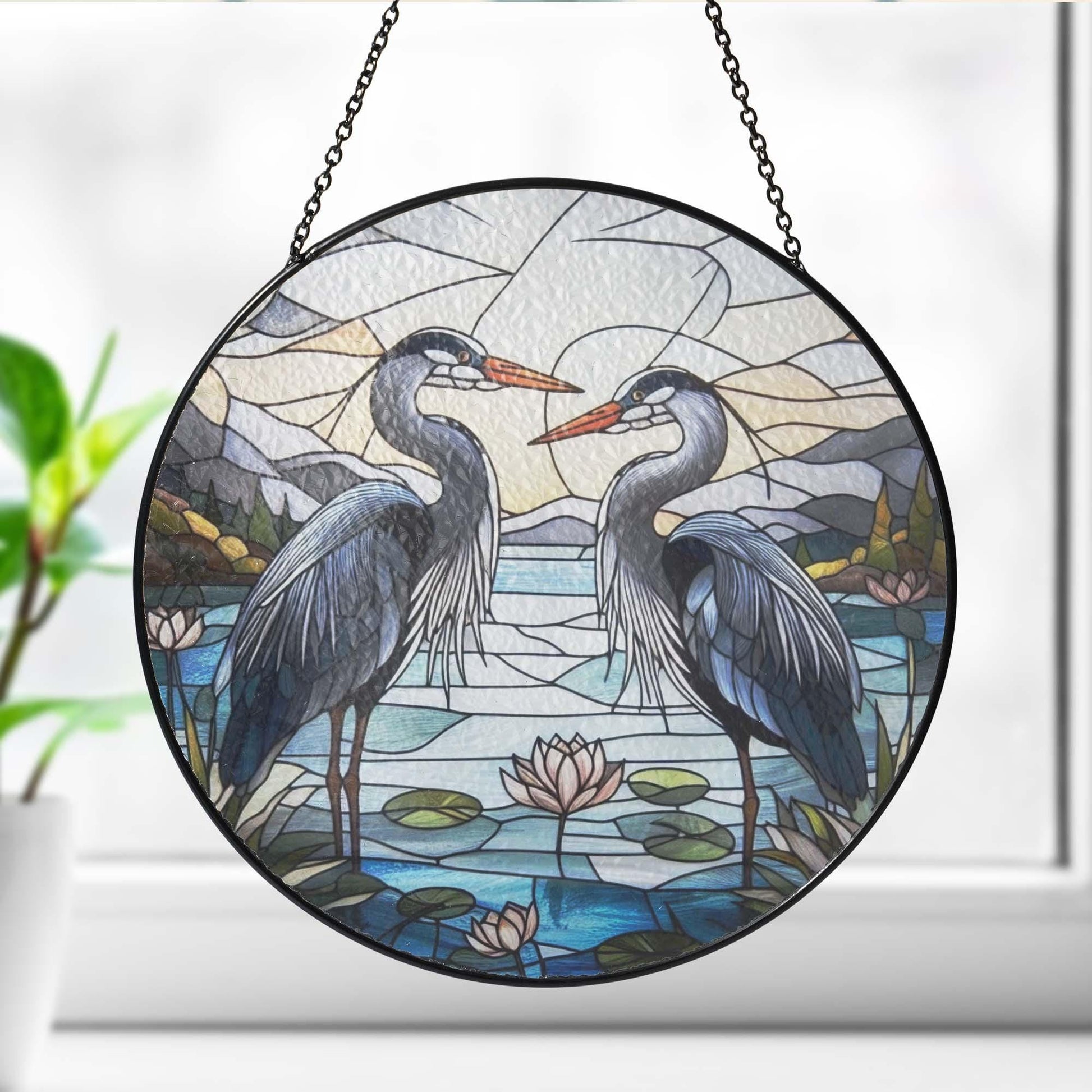 Blue Heron couple  GLASS Suncatcher Hanging, Heron Window hanging, Suncatcher ornament, couple gift, Heron lover, Halloween gift