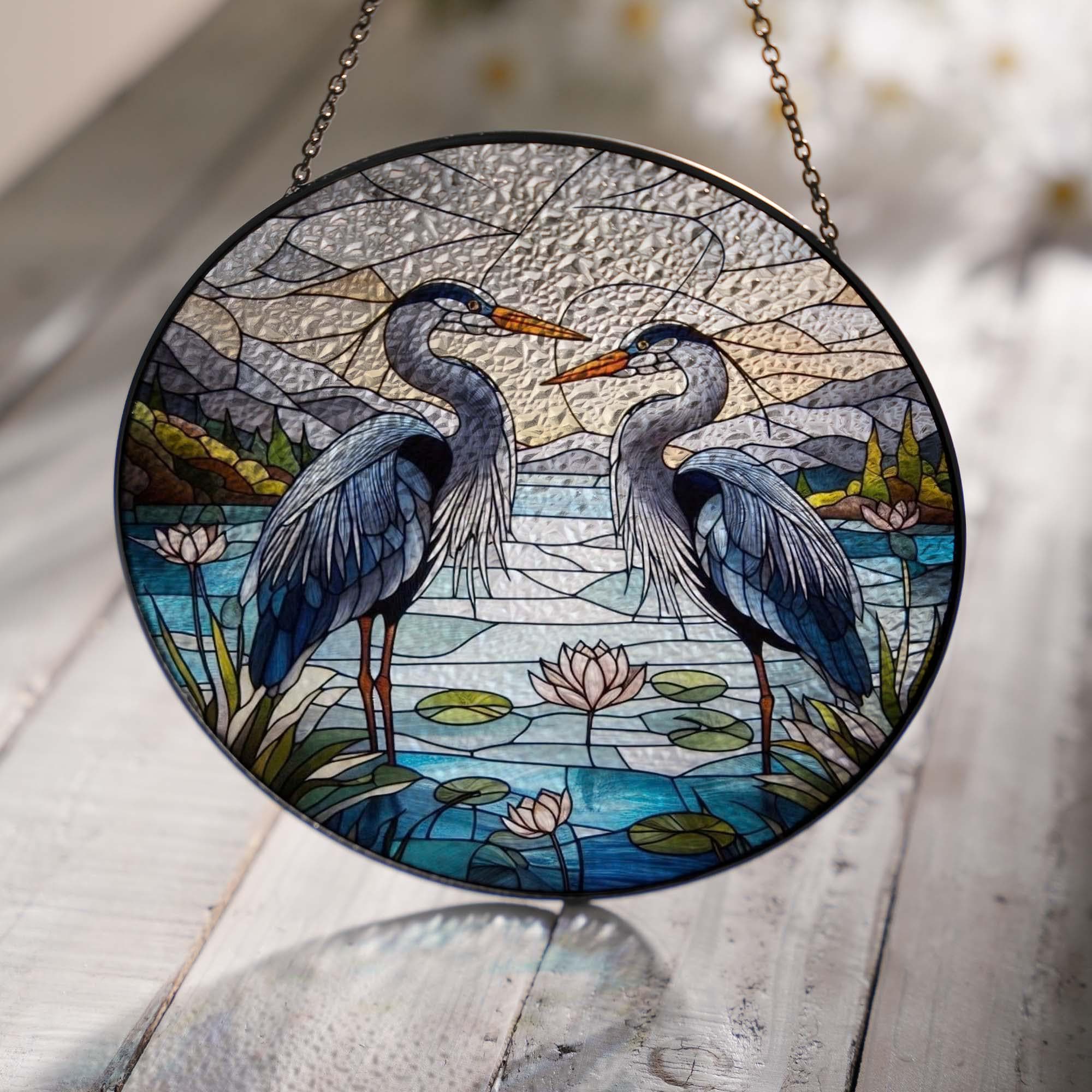 Blue Heron couple  GLASS Suncatcher Hanging, Heron Window hanging, Suncatcher ornament, couple gift, Heron lover, Halloween gift