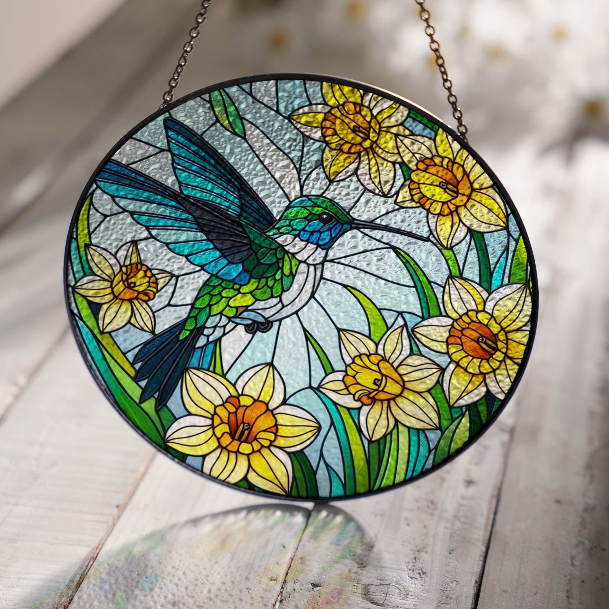 Mother's day gift 2025 - Hummingbird and daffodils GLASS Suncatcher Hanging, hummingbird lovers, Window hanging, daffodil lover gift