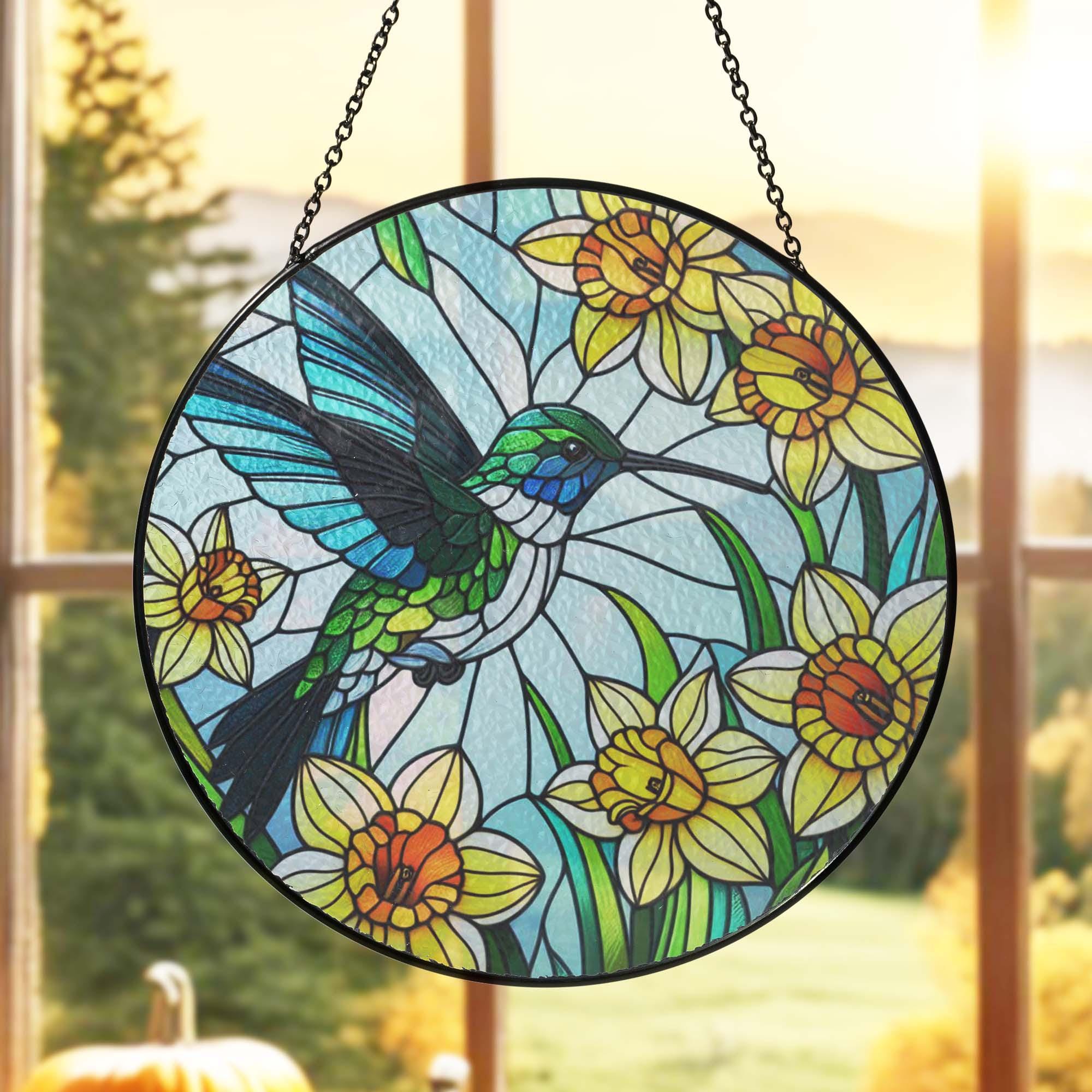 Mother's day gift 2025 - Hummingbird and daffodils GLASS Suncatcher Hanging, hummingbird lovers, Window hanging, daffodil lover gift