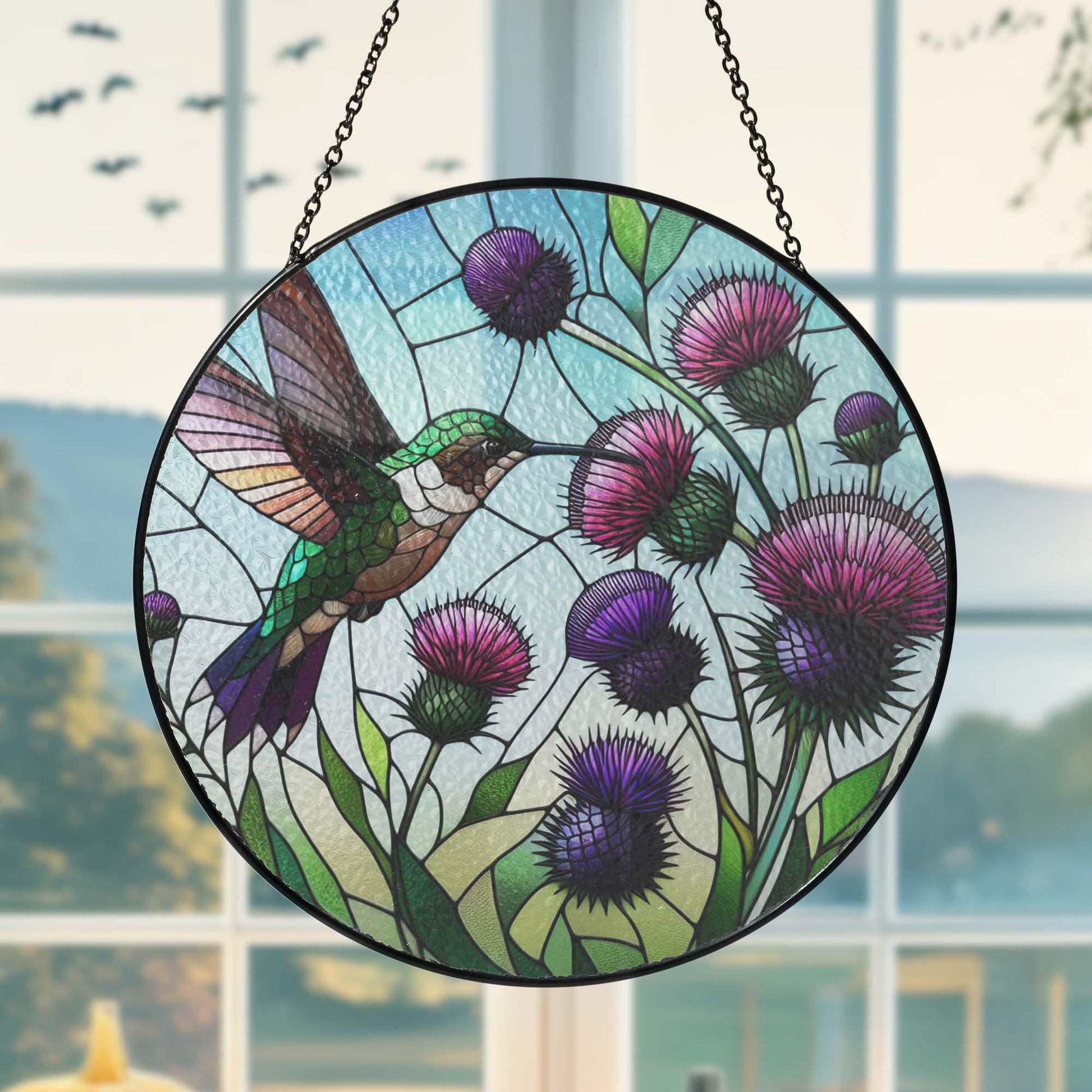 Hummingbird and purple thistles  GLASS Suncatcher Hanging, hummingbird lovers, Window hanging, Suncatcher ornament, thistles lover gift