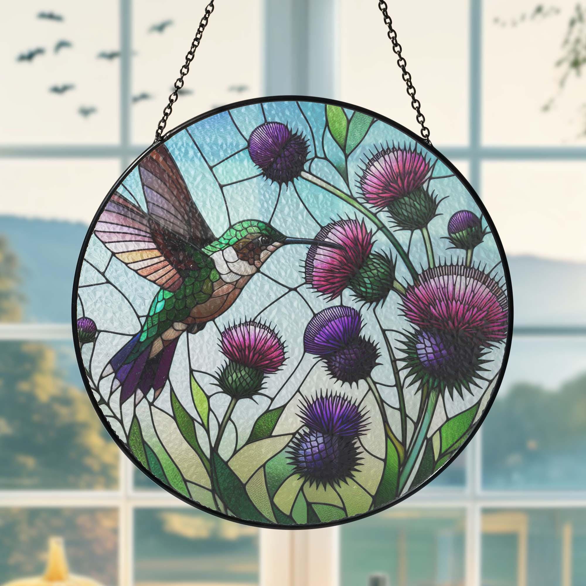Hummingbird and purple thistles  GLASS Suncatcher Hanging, hummingbird lovers, Window hanging, Suncatcher ornament, thistles lover gift